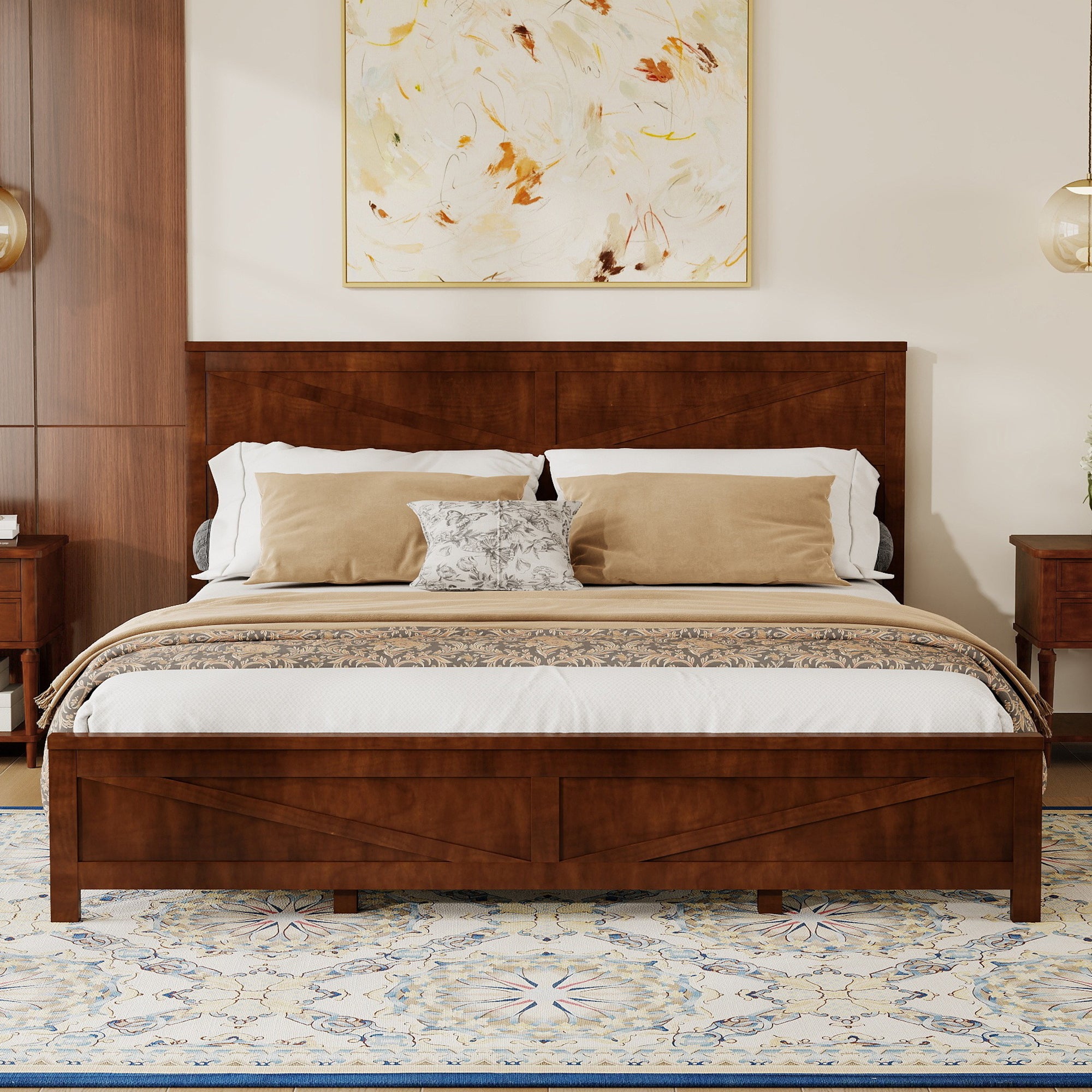Farmhouse walnut king bed frame with barn-door headboard in bedroom