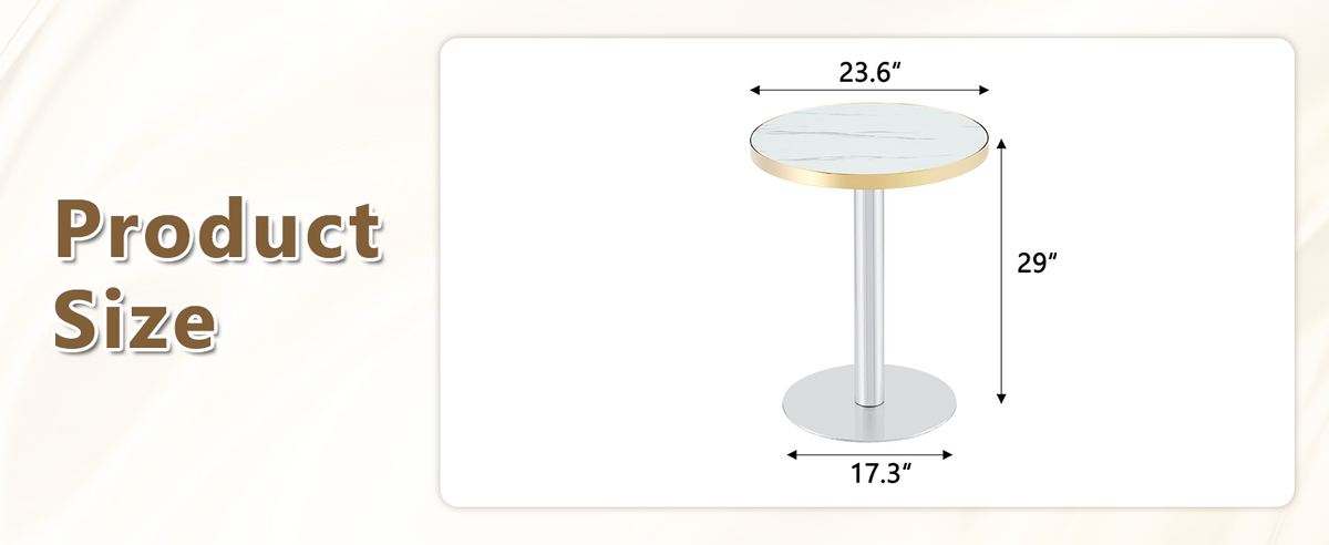 Product size diagram of the white faux marble bistro table, 23.6 inch top and 29 inch height
