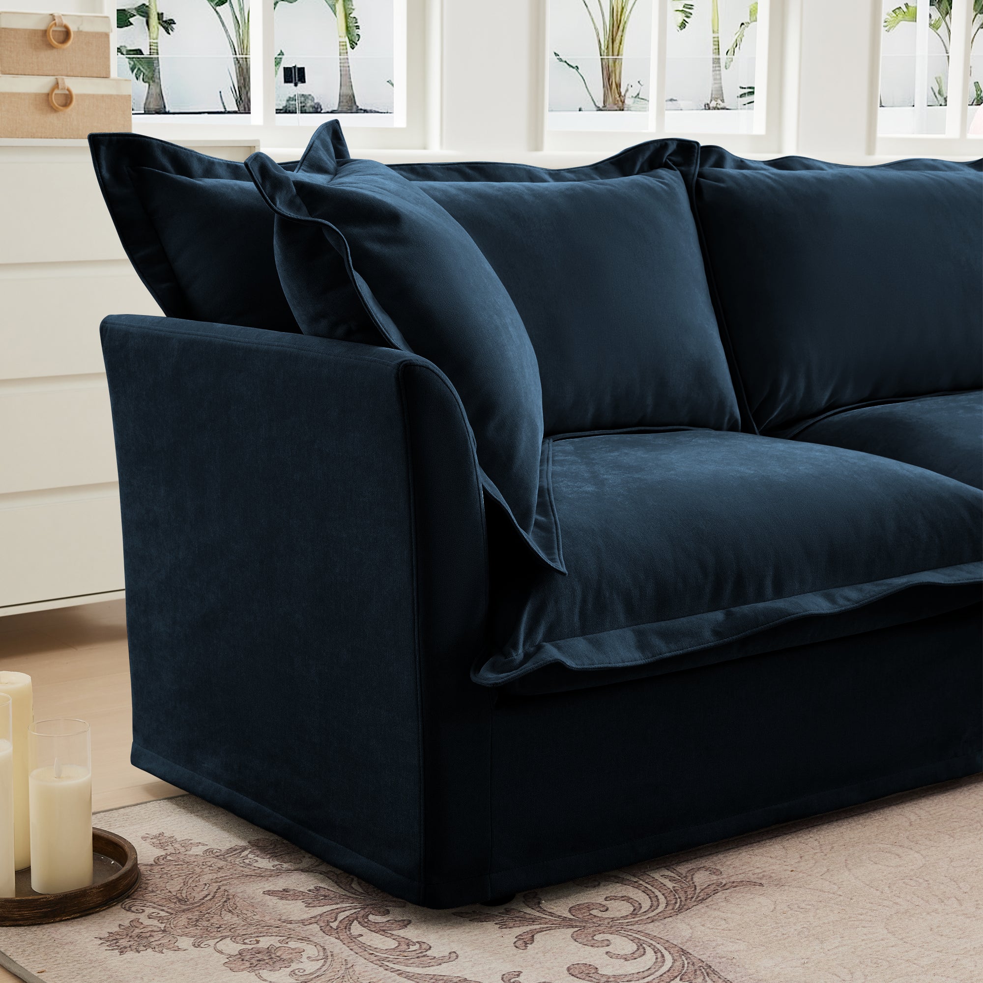 Fluffy Ottoman in Chenille Navy #Fabric_Chenille Navy