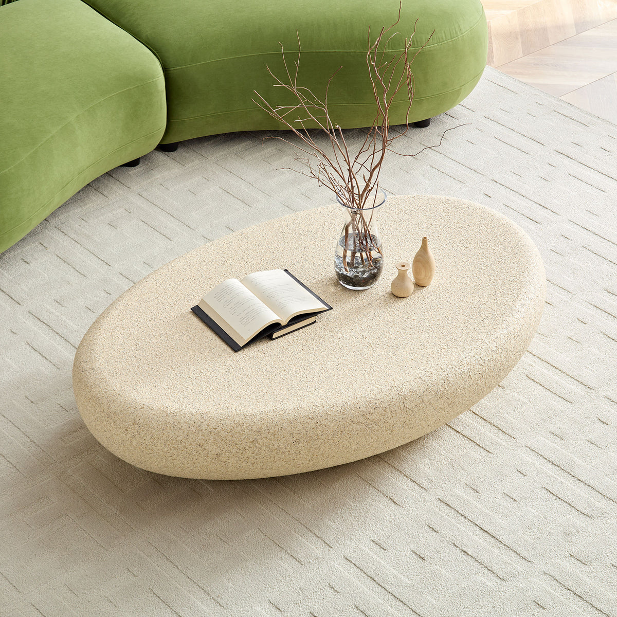 Cream Fiberglass Stone-Look Pebble Coffee Table, 53.4 in