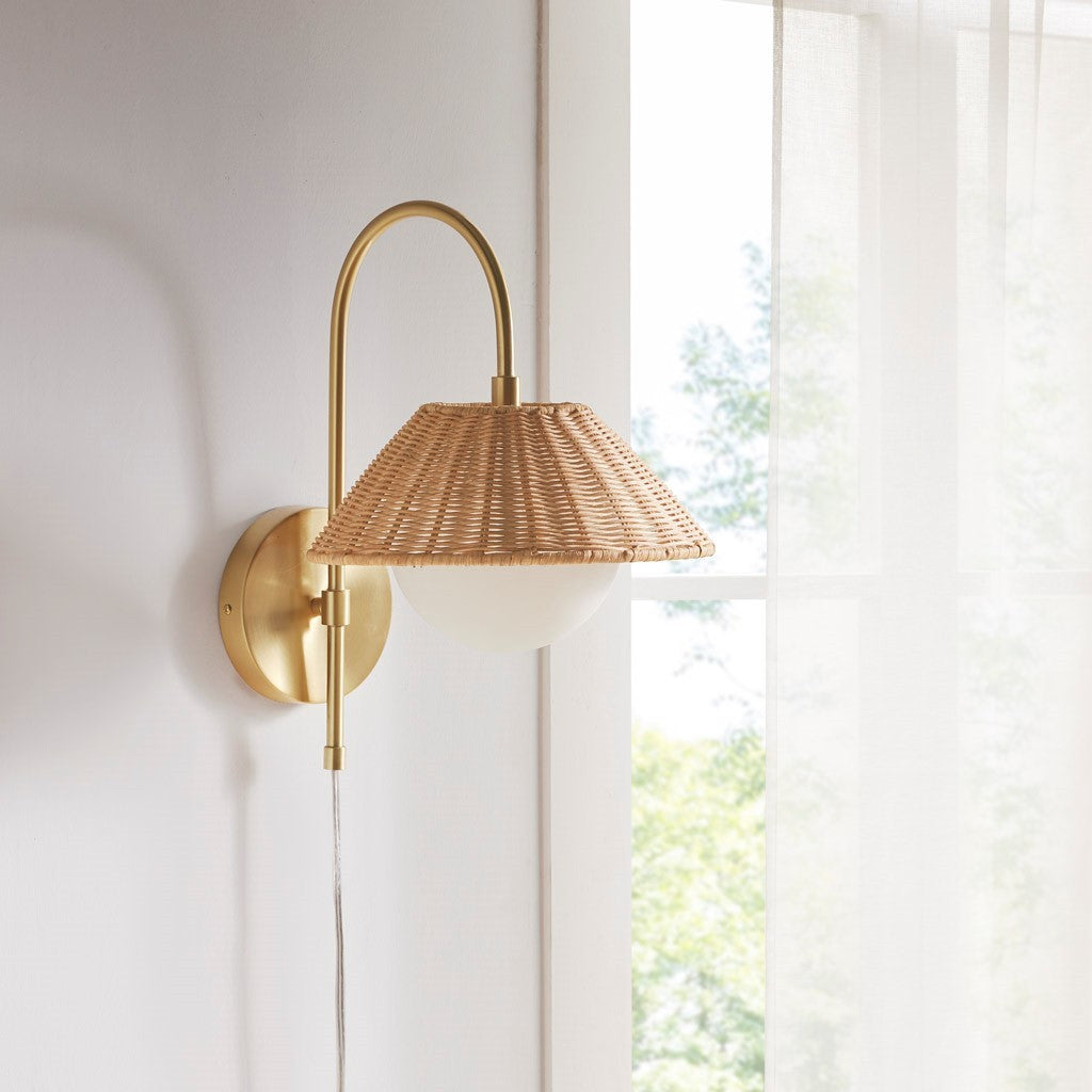 Wall Sconce with Rattan Weave Shade, Gold Finish