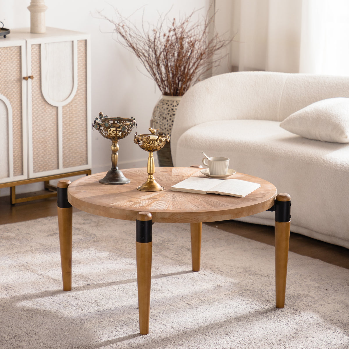 Natural Rustic Sunburst Round Coffee Table, 36.2 in