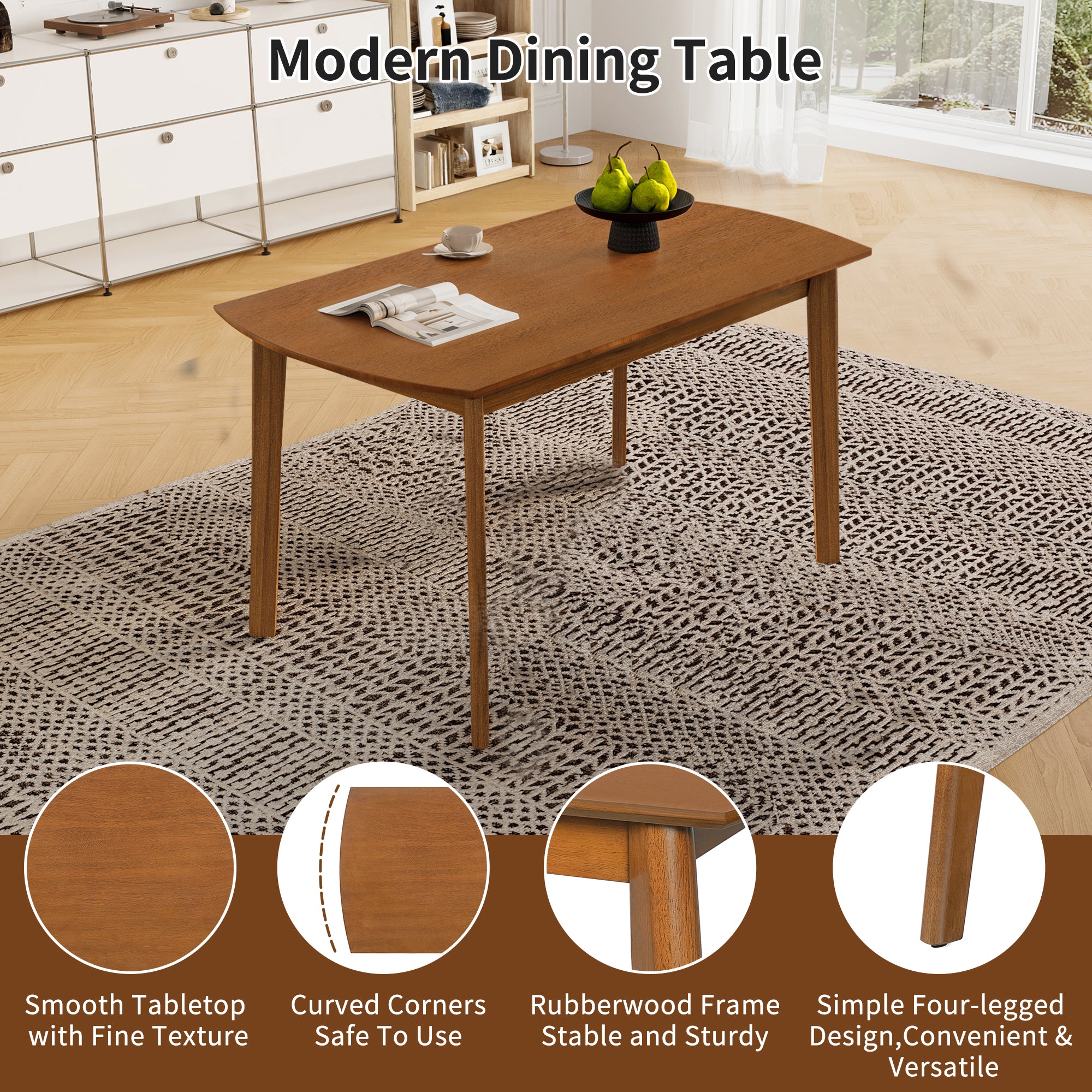 Feature graphic of the modern dining table highlighting smooth tabletop, curved corners, solid wood frame and four legs