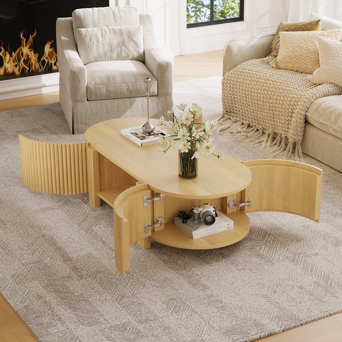 Natural Solid Wood Fluted Oval Coffee Table with Storage, 47 in