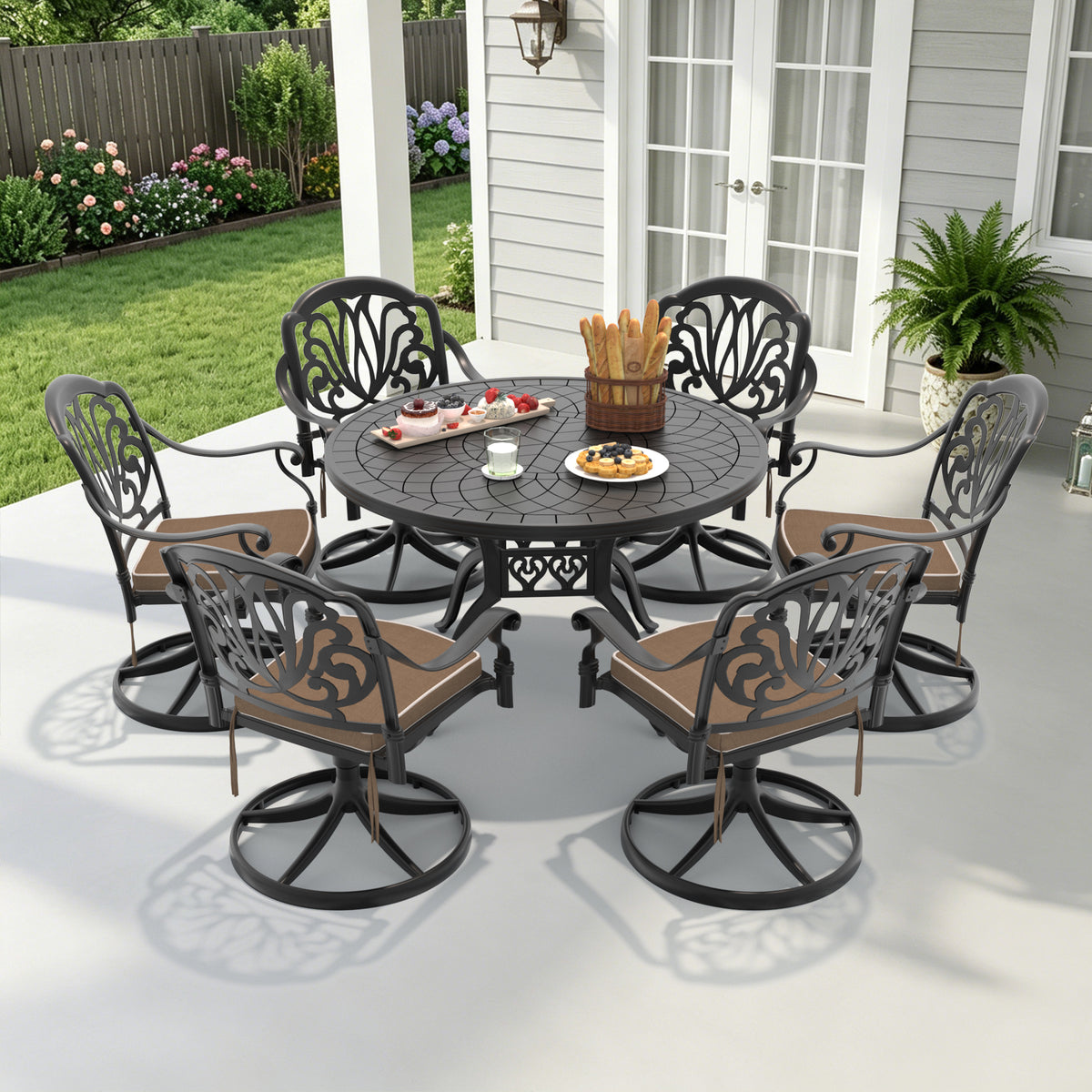 Black Aluminum 7-Piece Patio Dining Set for 6 with Cushions, Round