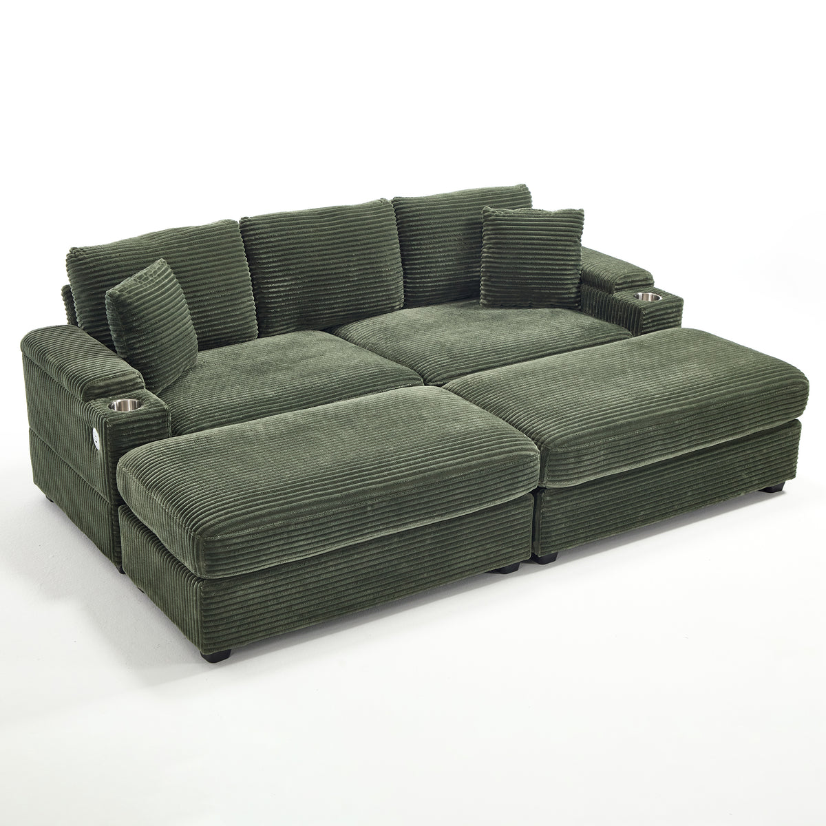 Green Corduroy Sleeper Sectional with 2 Ottomans, 86.6 in Wide