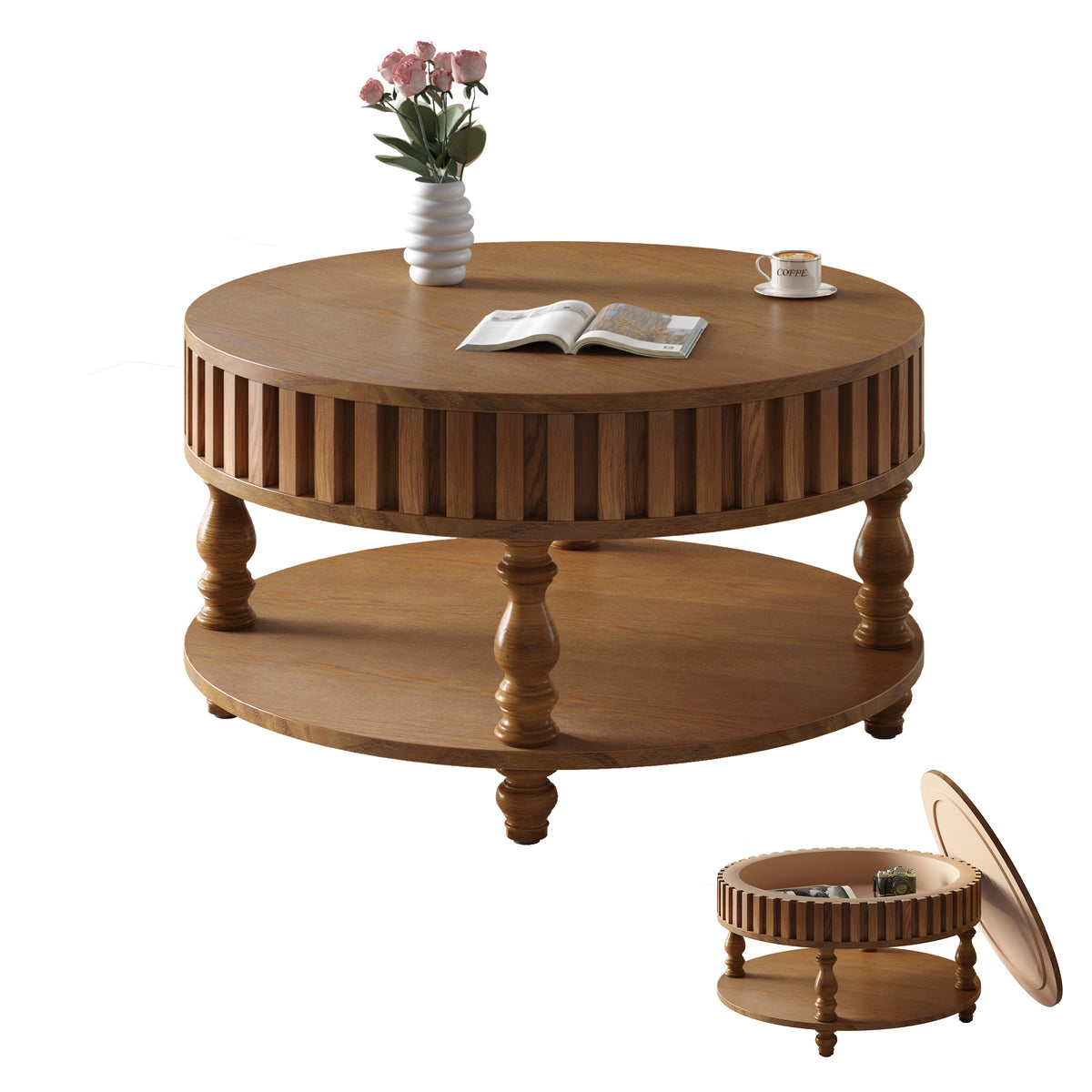 Walnut Round Fluted Farmhouse Coffee Table with Storage, 31.5 in