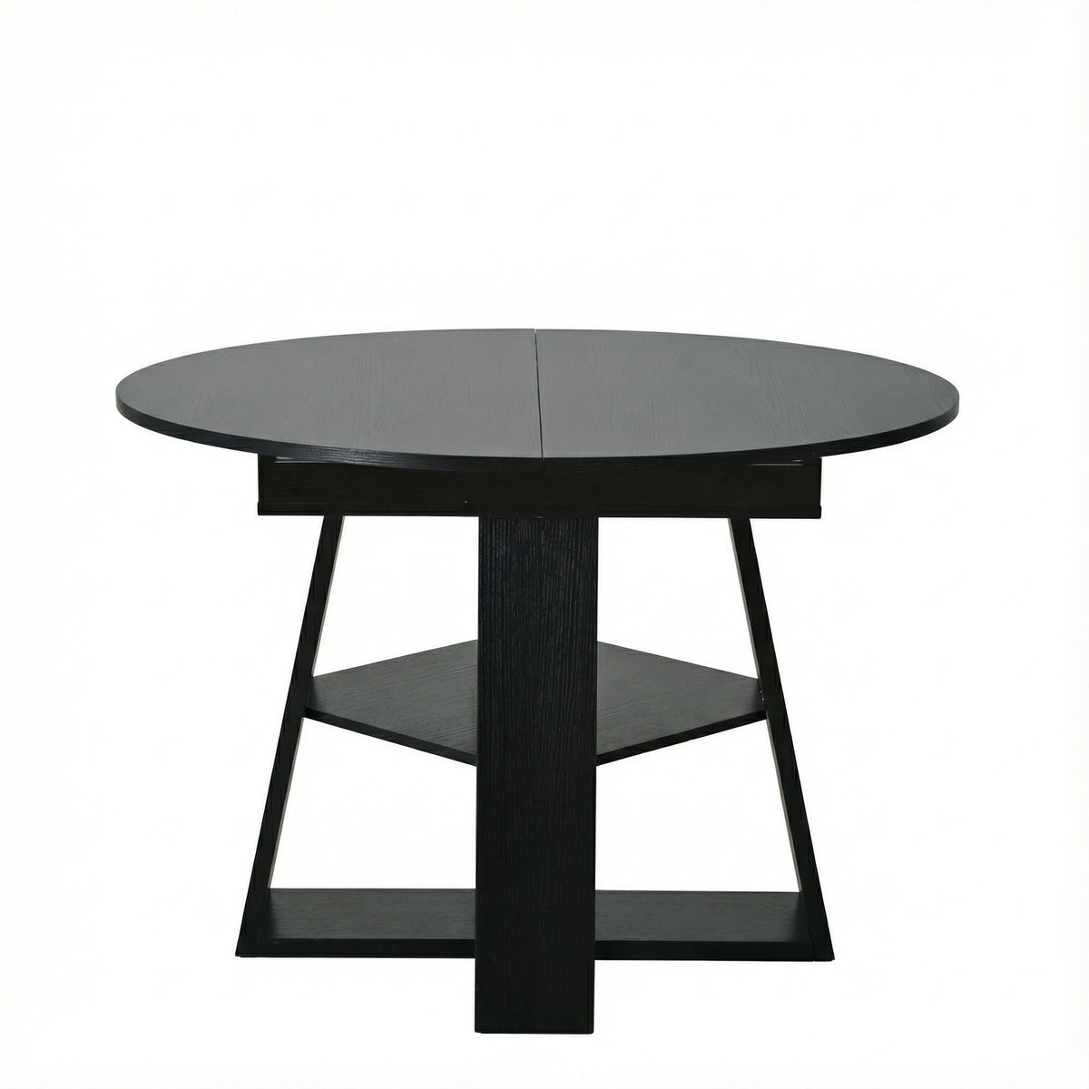 Front studio view of the compact black round table with cross base and lower shelf