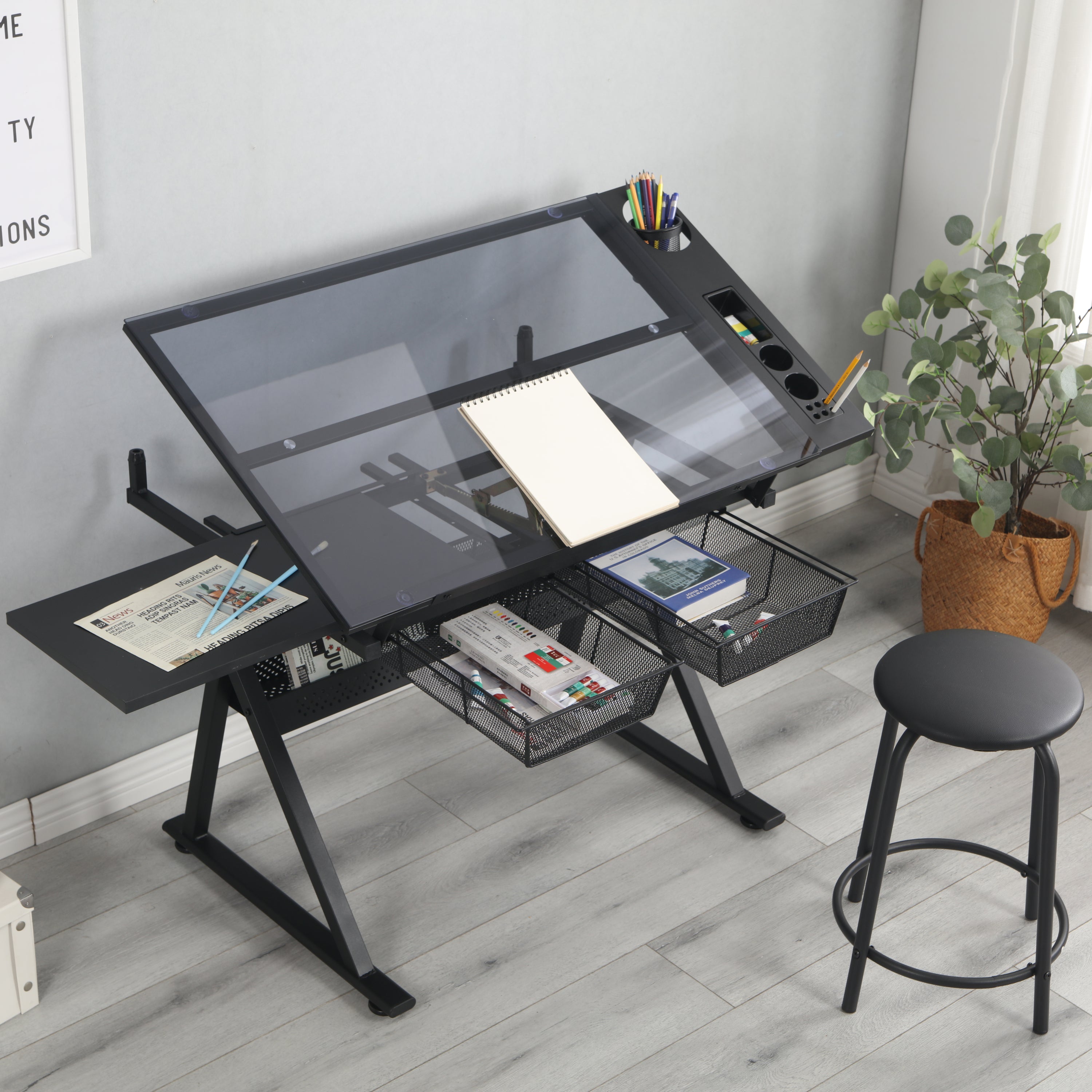 Glass Drafting Table, Black