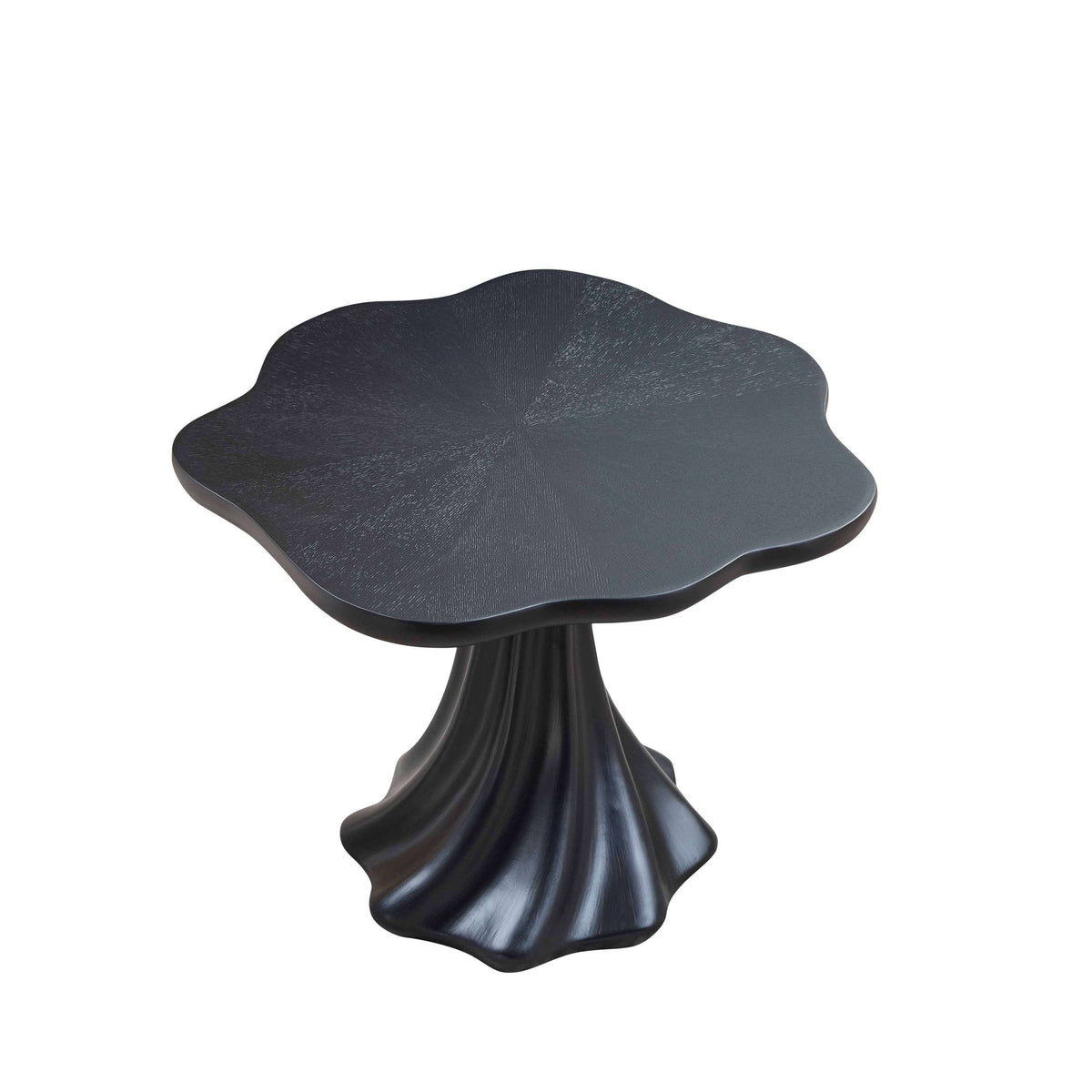 Black petal-shaped dining table on a plain white background, overhead three-quarter view