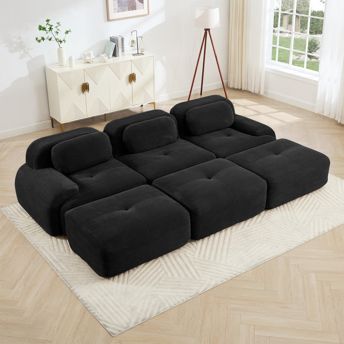 Black Corduroy Modular 3-Seat Curved Sofa with 3 Ottomans