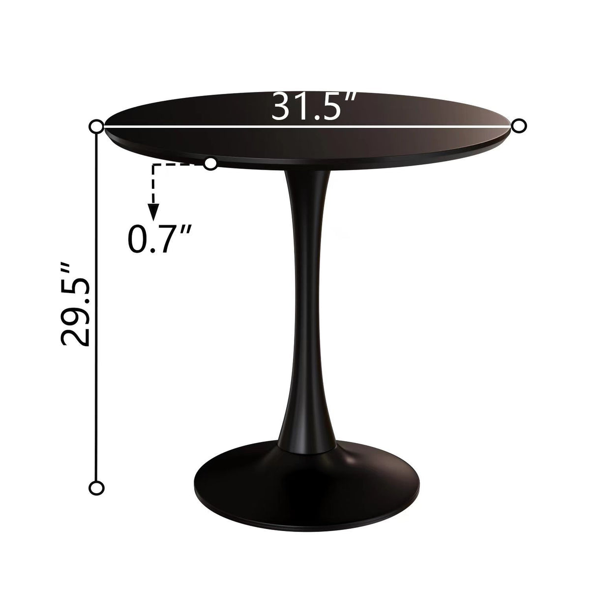 Dimension diagram of black round tulip dining table: 31.5 in wide top, 29.5 in high, 0.7 in thick