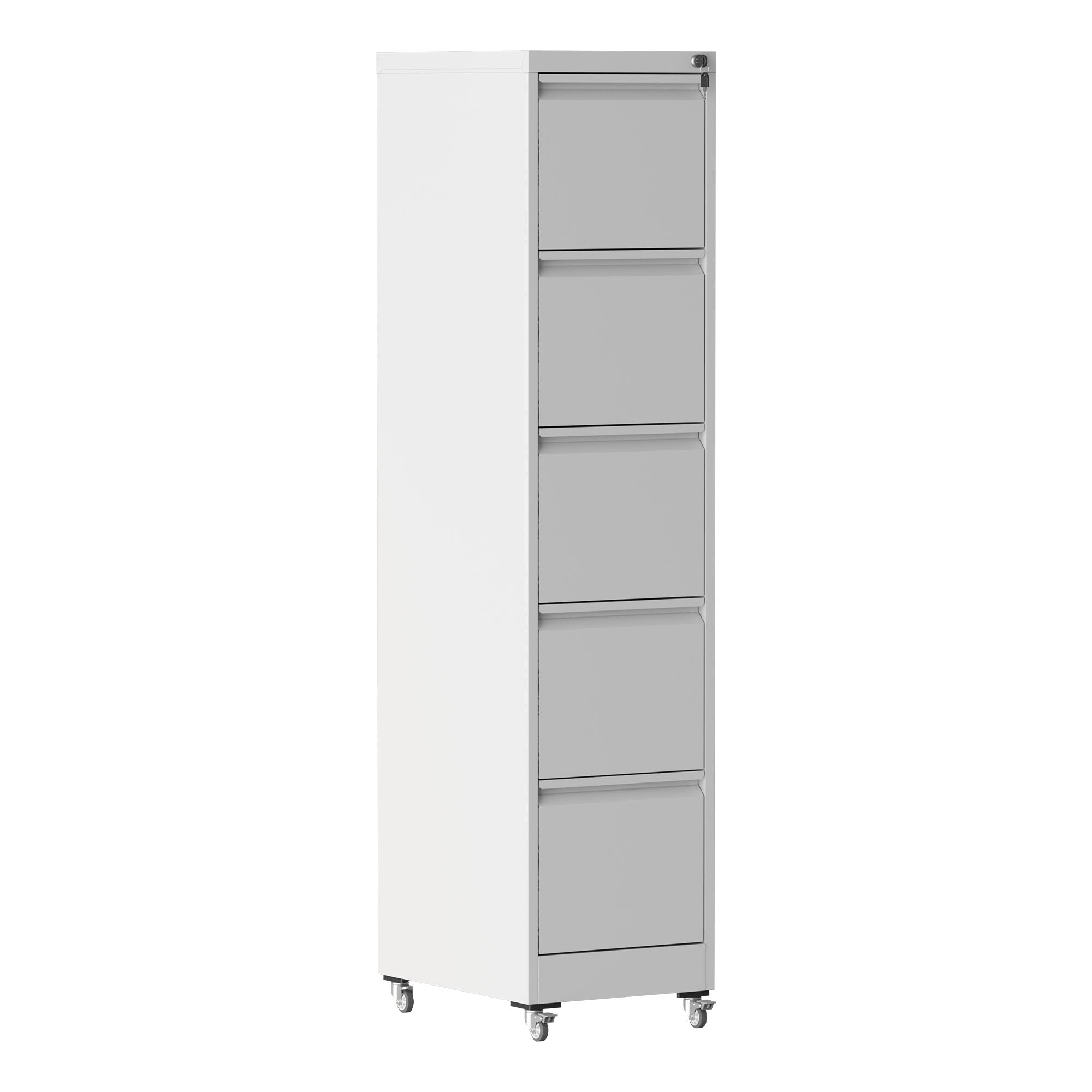Metal File Cabinet, 5 Drawers, Locking, 64.2 in Tall, White, 15.2 in Wide