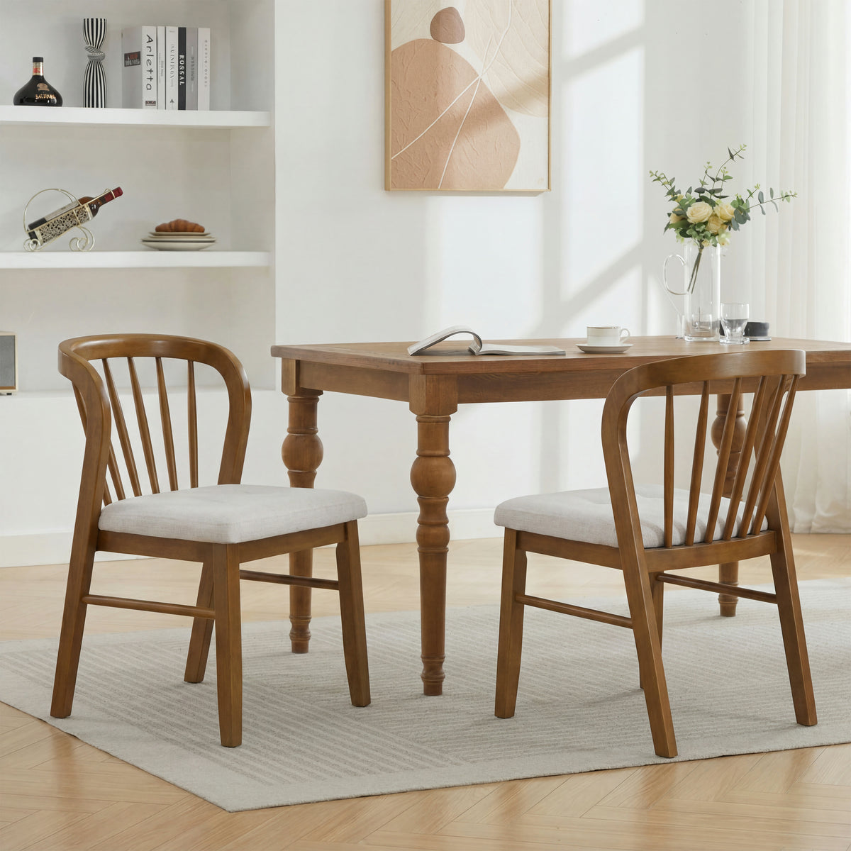 Windsor Spindle Back Dining Chair, Set of 2, Walnut & Beige