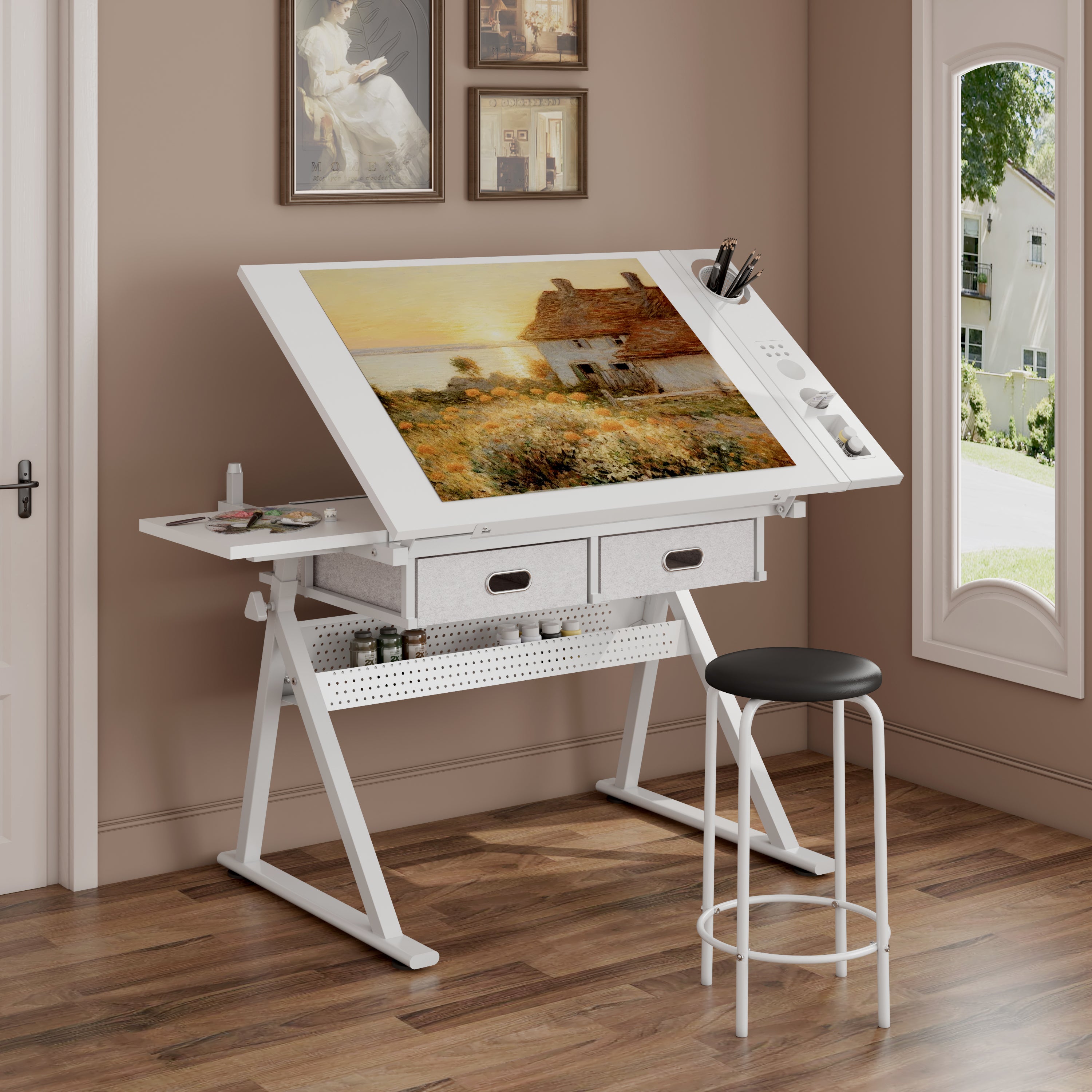 Drafting Table, 2 Drawers, White, 38.6 in Wide