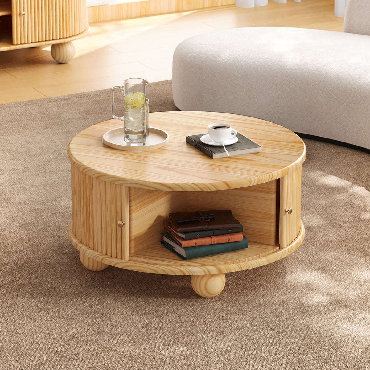 Natural Solid Pine Fluted Round Coffee Table with Storage, 31.8 in