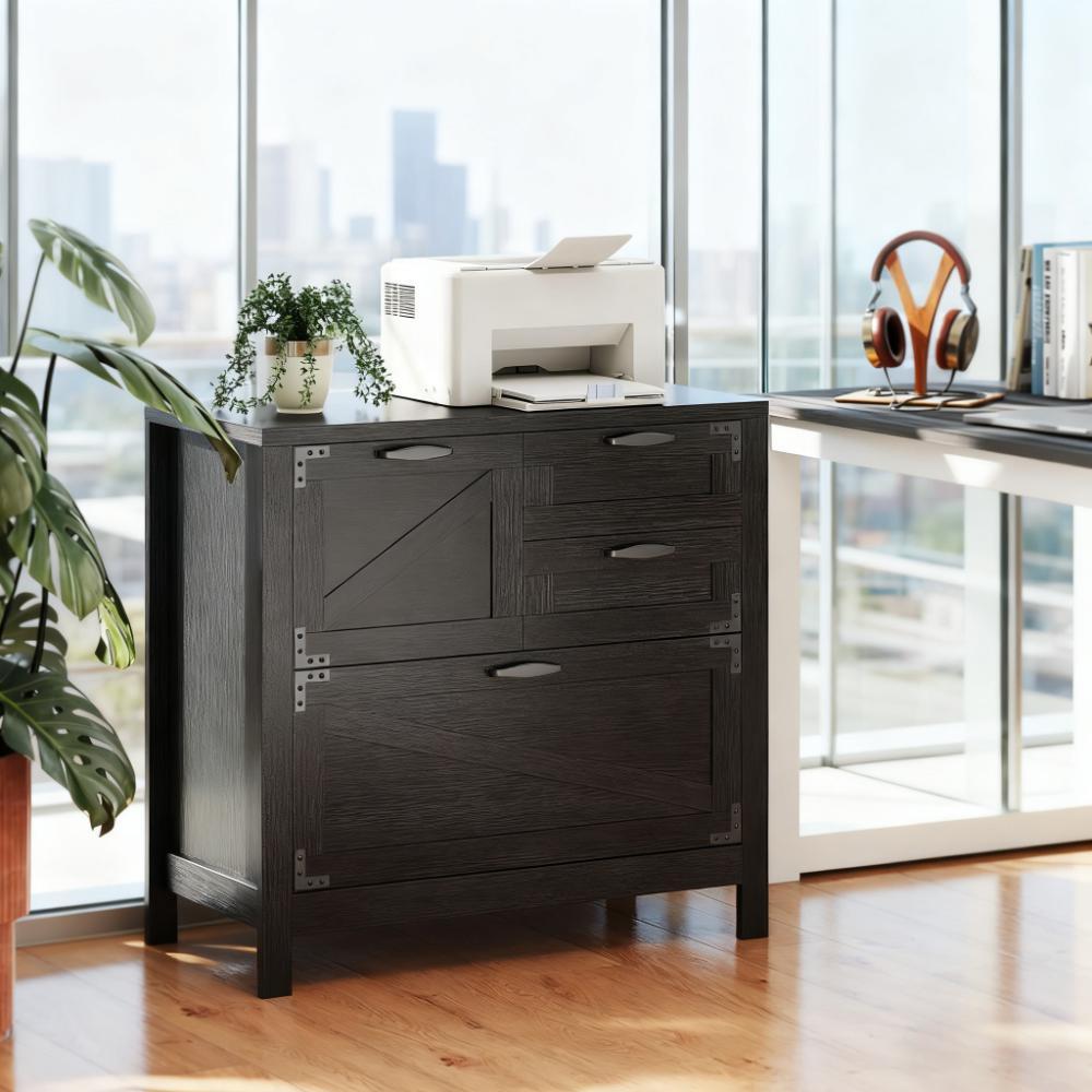 Farmhouse File Cabinet, 4 Drawers, 31.5 in, Black
