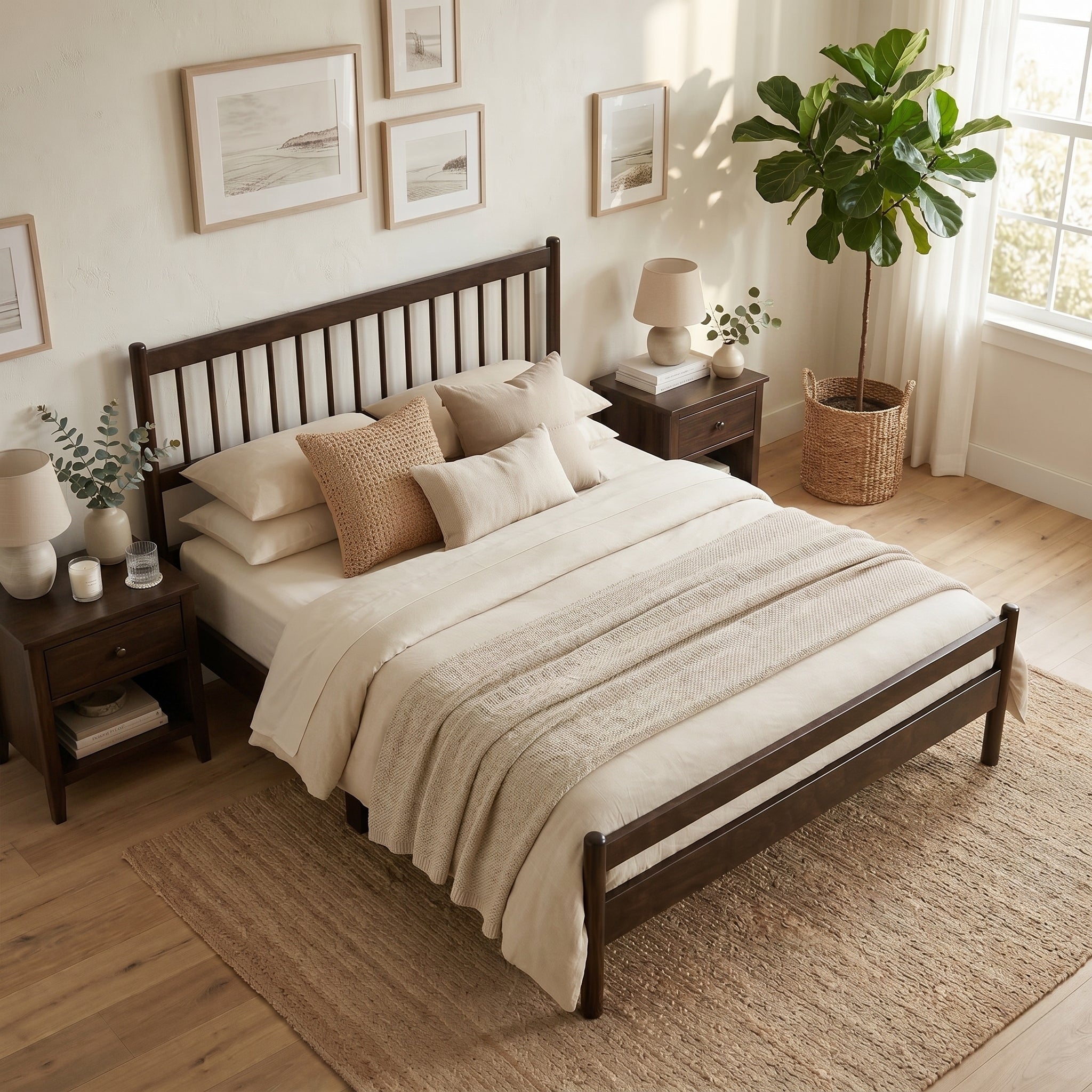 Close-up of the low footboard and rounded post on the brown pine queen bed frame with linen bedding #Color_Brown