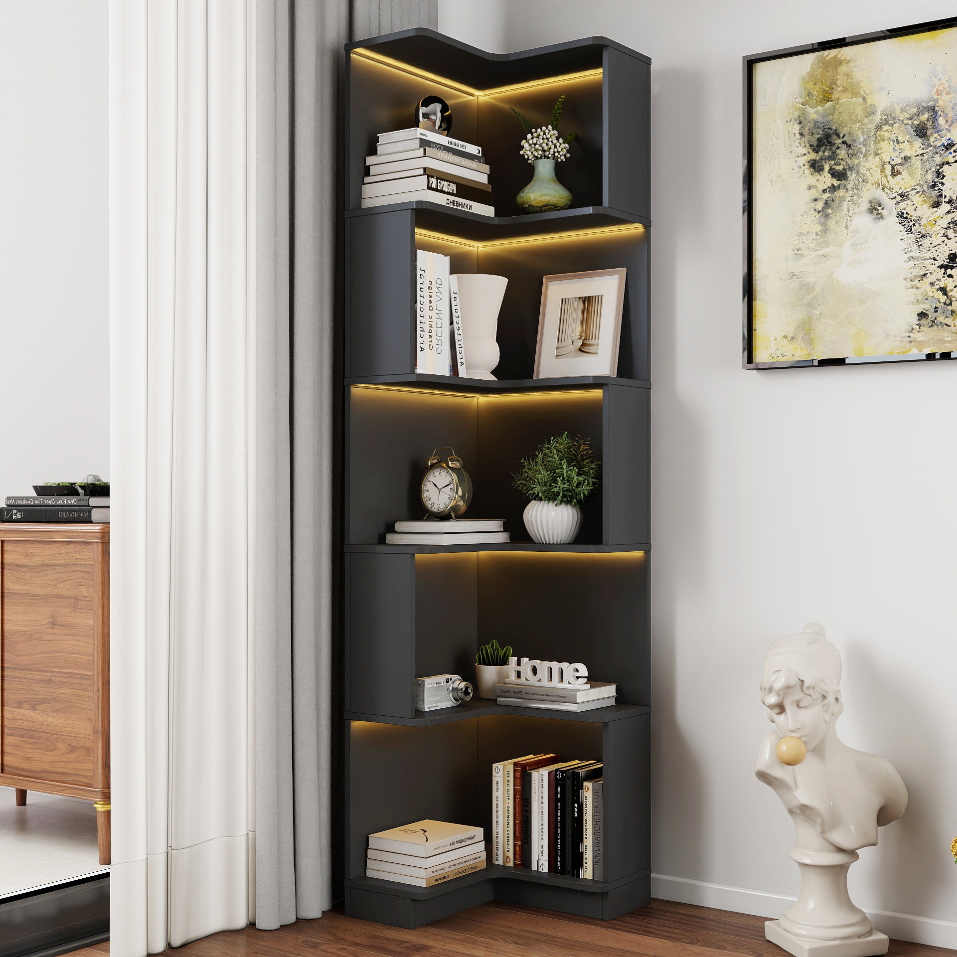 Bookcase, 5 Shelves, L-Shaped, 68.9 in Tall, Black
