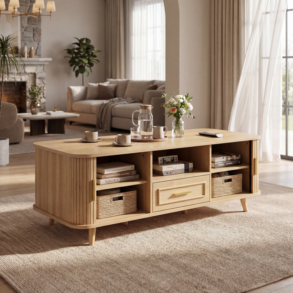Natural Fluted Mid-Century Coffee Table with Drawer and Storage, 47.2 in