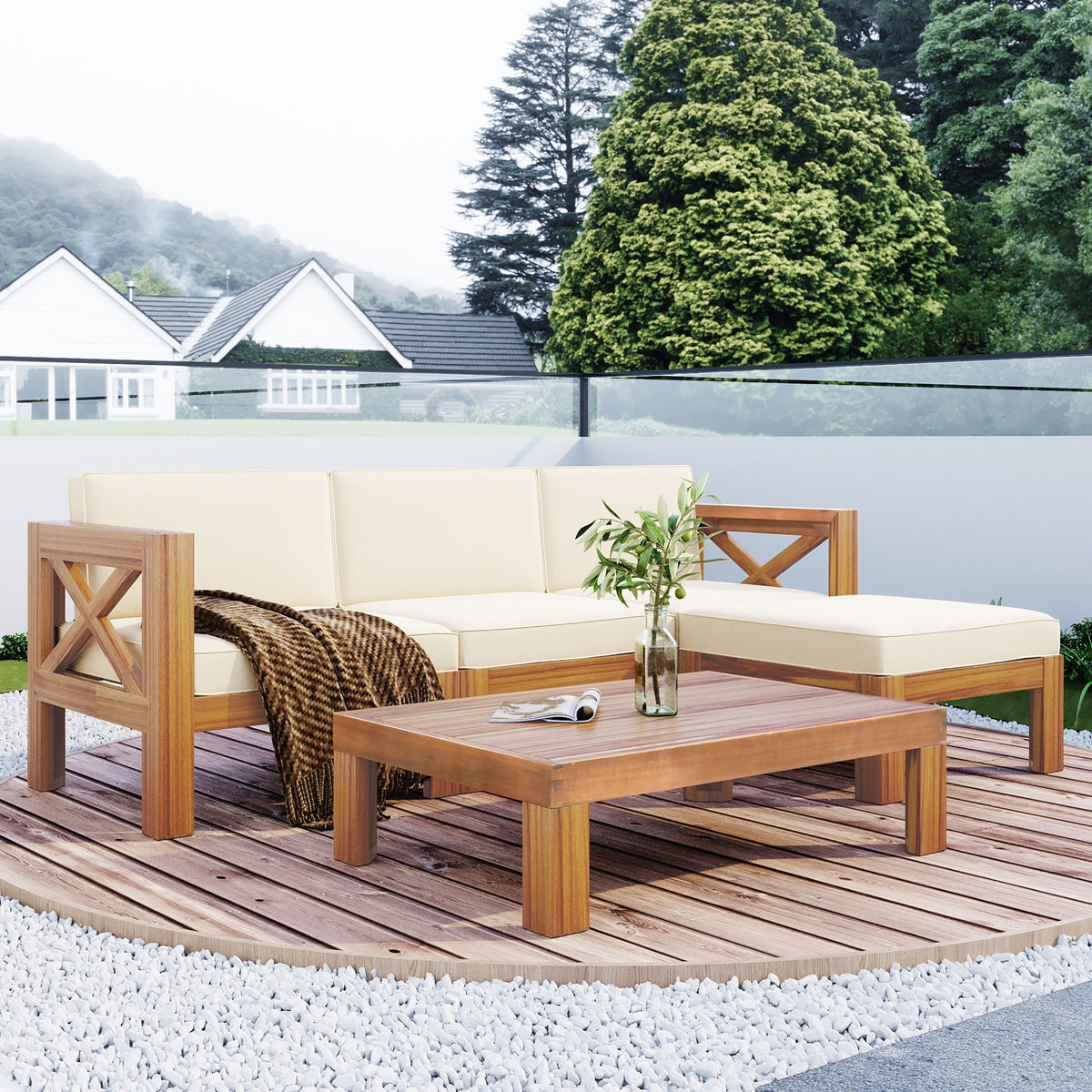 Solid Wood 5-Piece Outdoor Sectional Set with Cushions