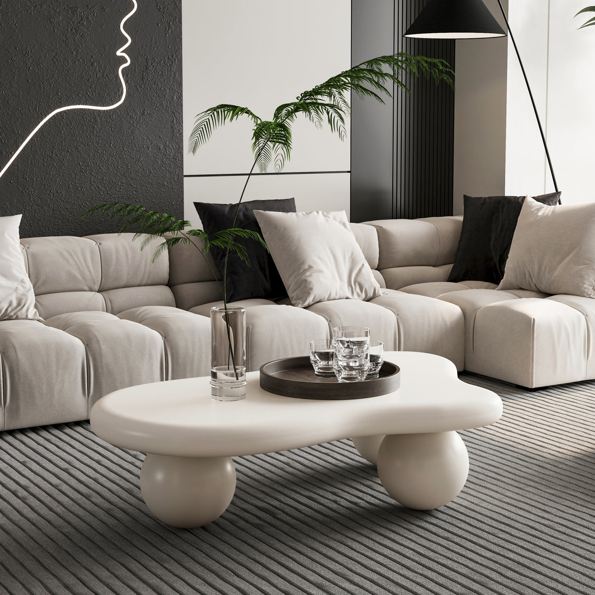 Cream Organic-Shaped Ball-Leg Coffee Table, 40 in