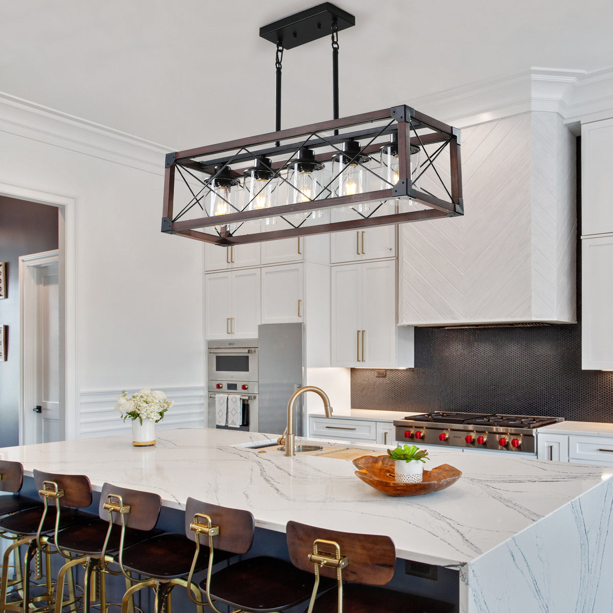 Chandelier, 5-Light Farmhouse Iron with Glass Shades, Black and Red