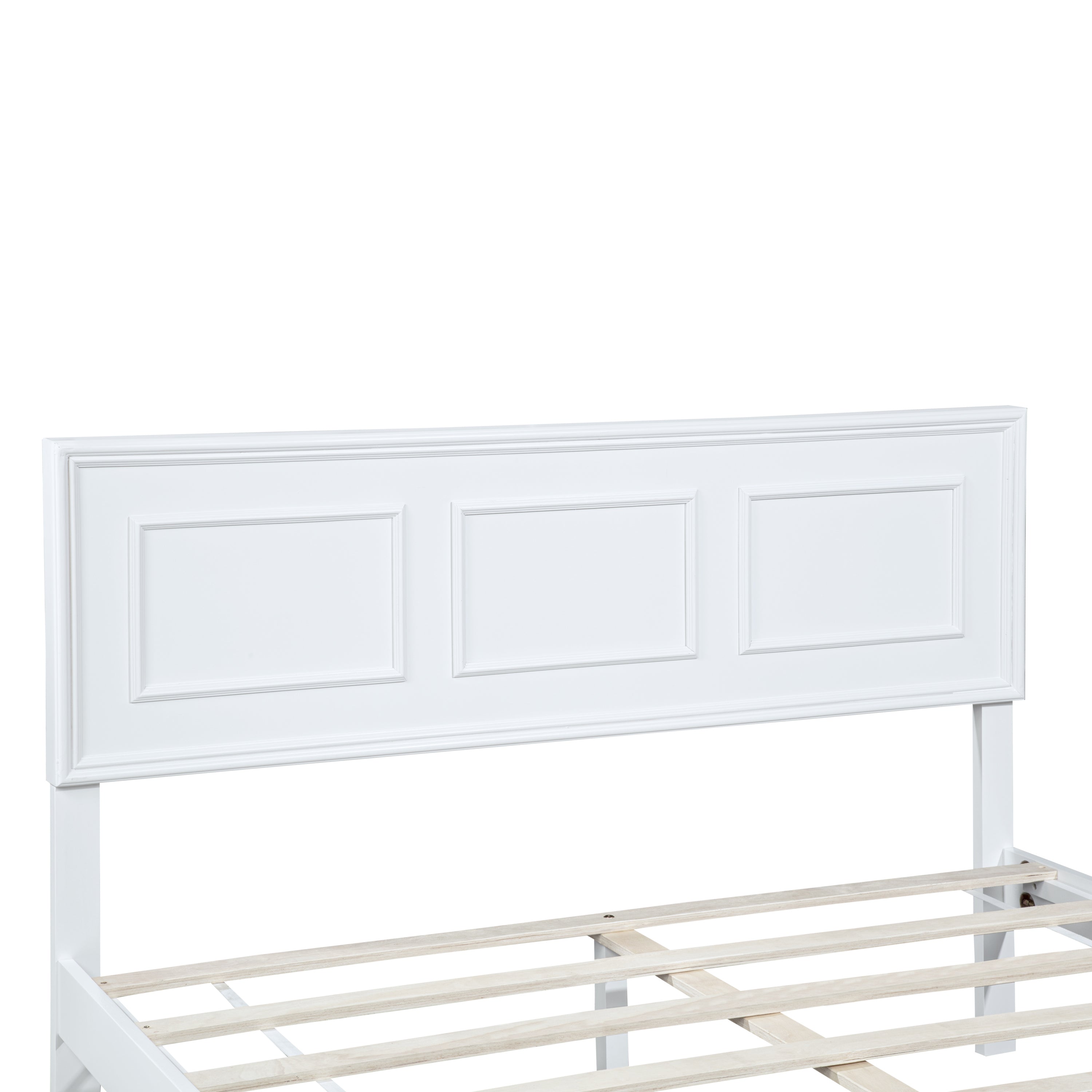 Front detail of the white three-panel headboard above the wood-slat platform #Color_White
