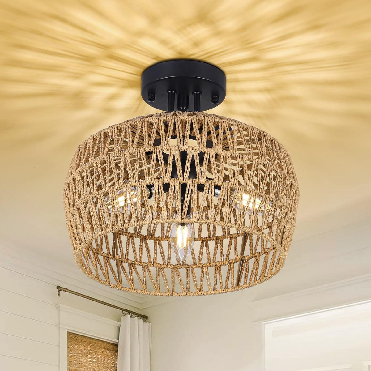 Flush Mount Ceiling Light with Rattan Shade, 3-Light, Brown