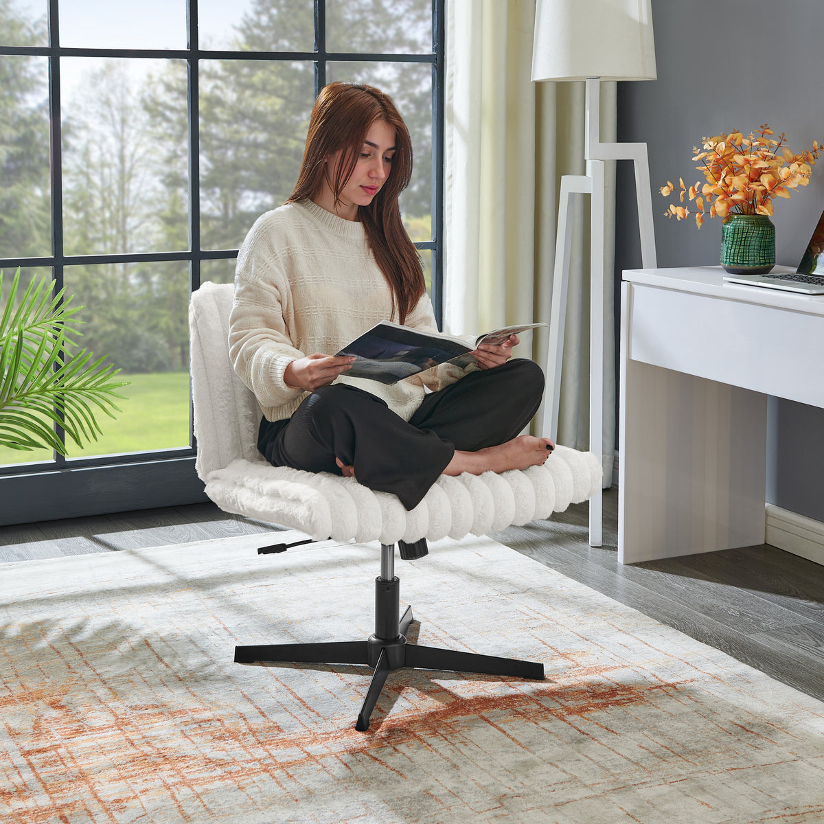 Cream White Fabric Office Chair, Height Adjustable, 15.5-18.5 in Seat
