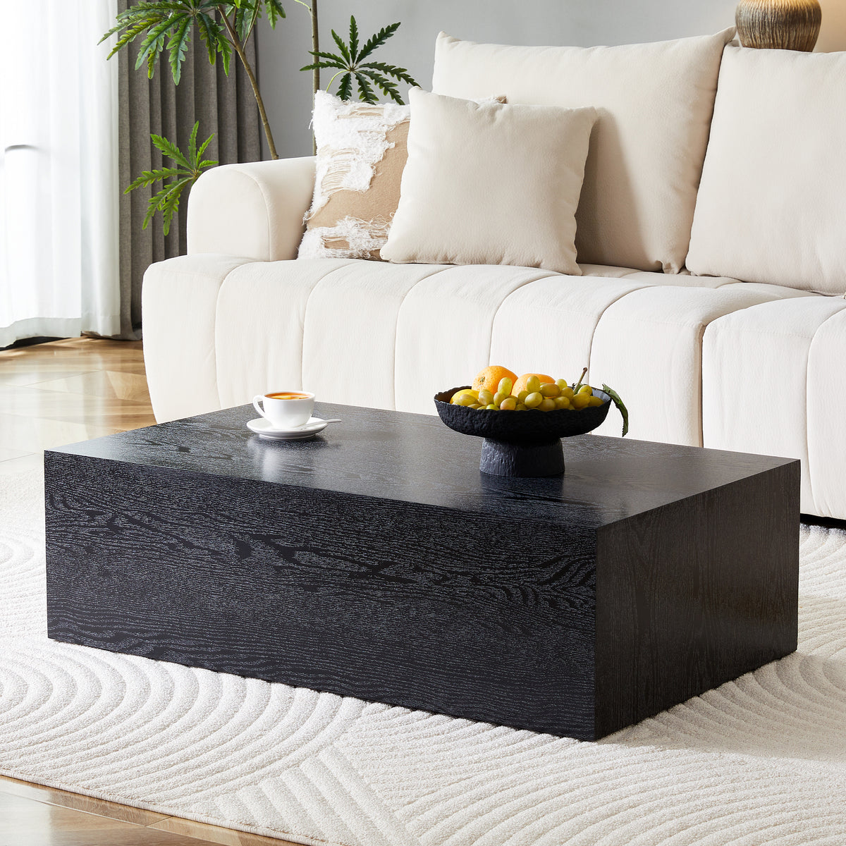 Black Minimalist Rectangular Plinth Coffee Table, 39.3 in