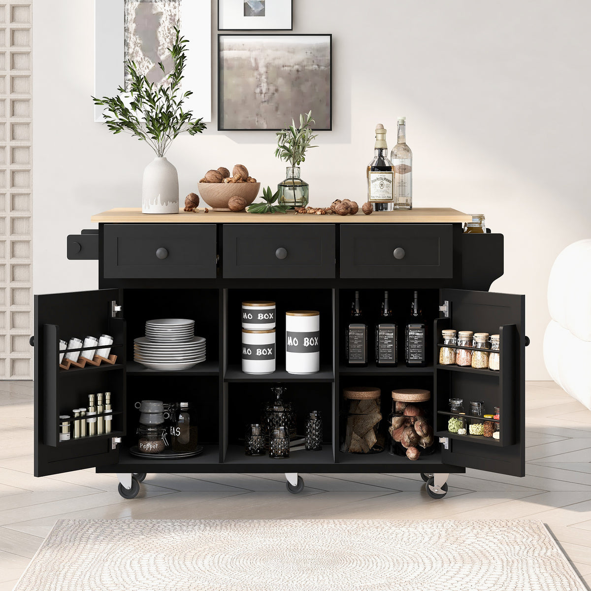 Rolling Kitchen Island with Drop-Leaf, Black, 3 Drawers & Cabinet