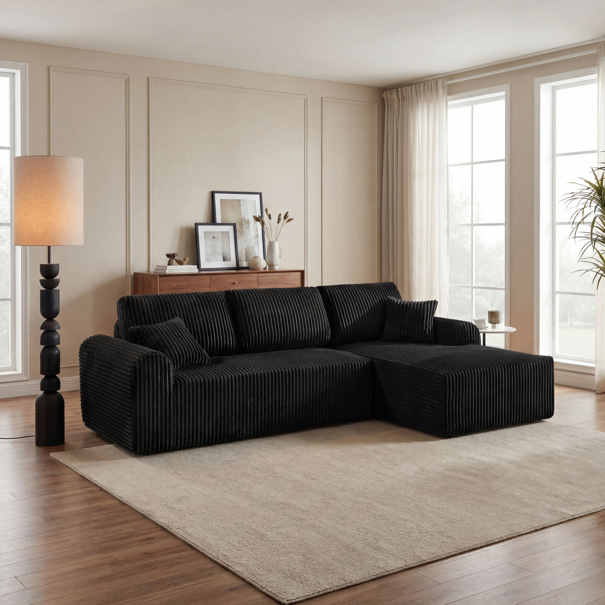 Black L-Shaped Modular Sectional with Chaise, Right-Facing