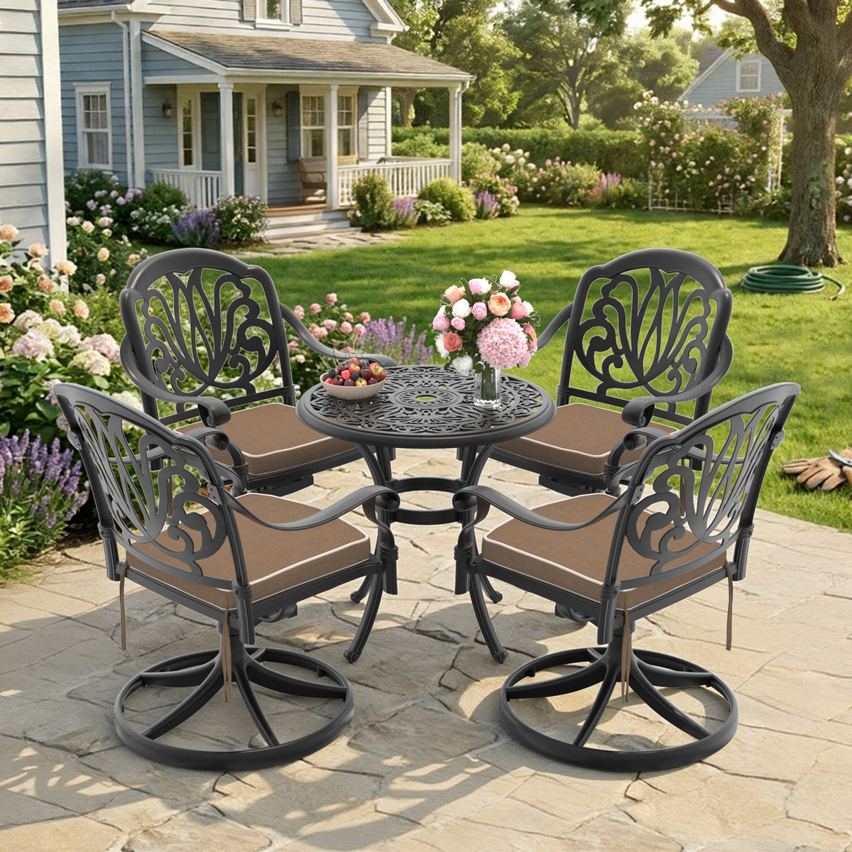 Black Aluminum 5-Piece Patio Dining Set with Cushions