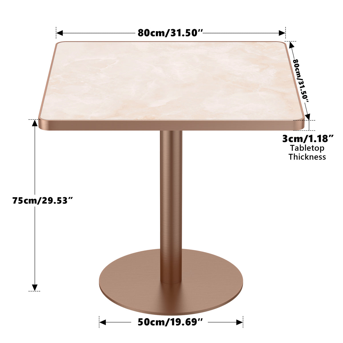 Dimension diagram of square dining table, 80cm/31.5 inch top, 75cm/29.53 inch height, rose gold base