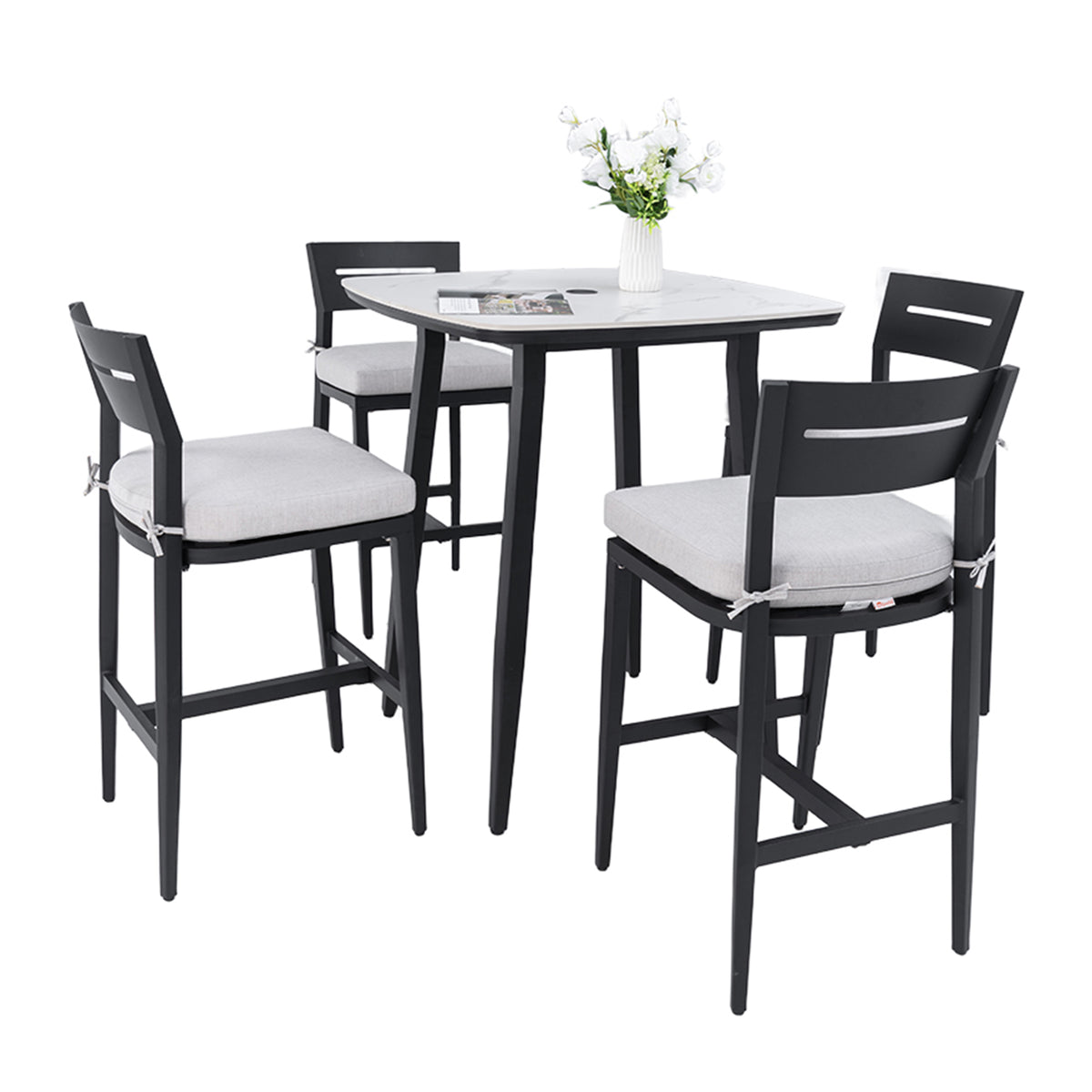 Black Aluminum 5-Piece Outdoor Bar Set for 4 with Cushions