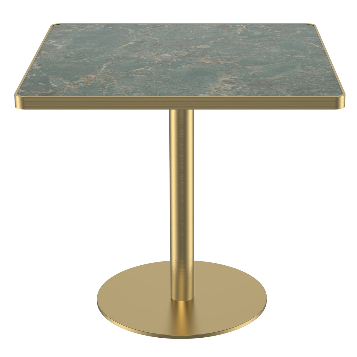 Green sintered stone square table with gold edge band, angled studio view on white