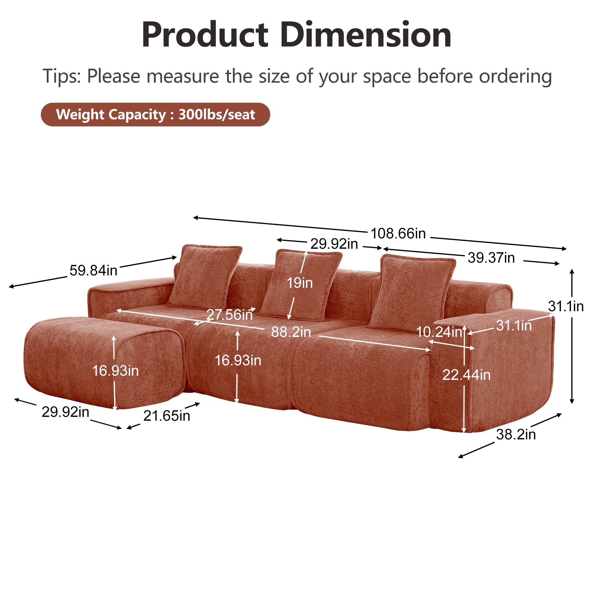 Seneca 3-Seat Boneless Couch in Terracotta #OttOnly_1 #Color_Terracotta