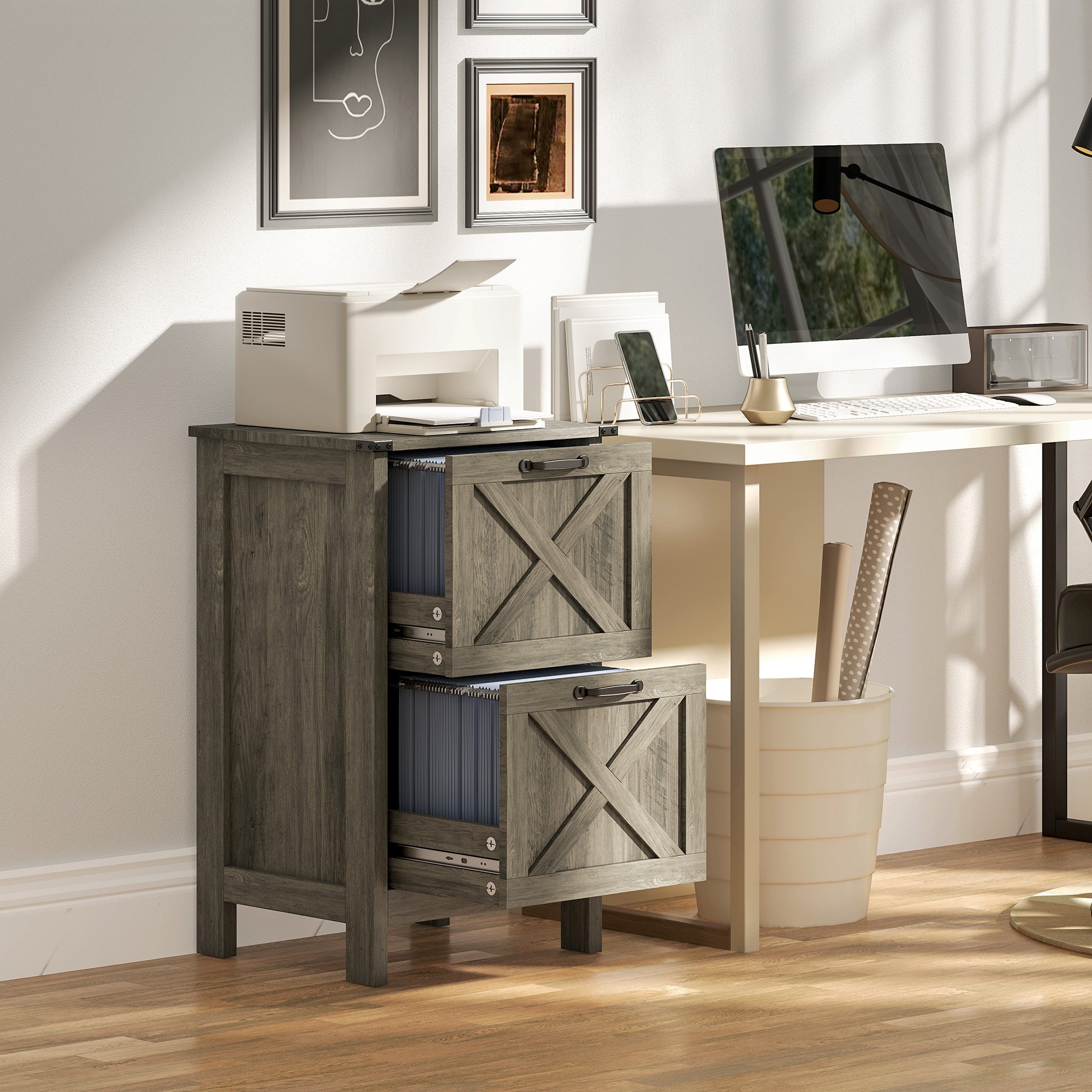 Farmhouse File Cabinet, 2 Drawers, 29.5 in Tall, Gray