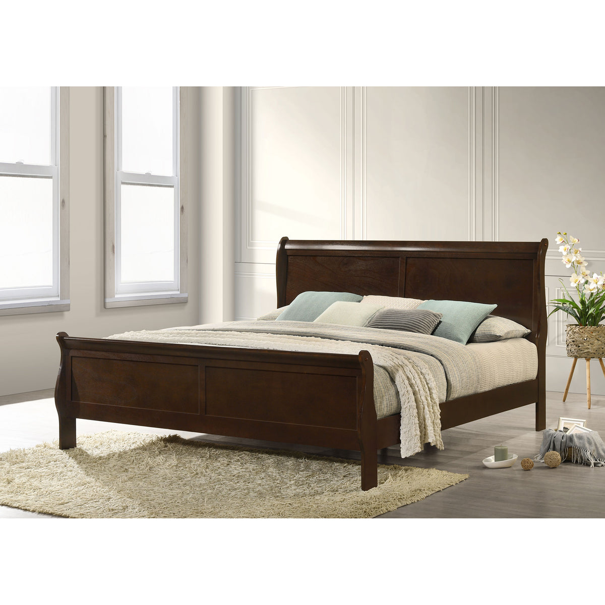 California King Sleigh Bed with Curved Headboard, Cappuccino