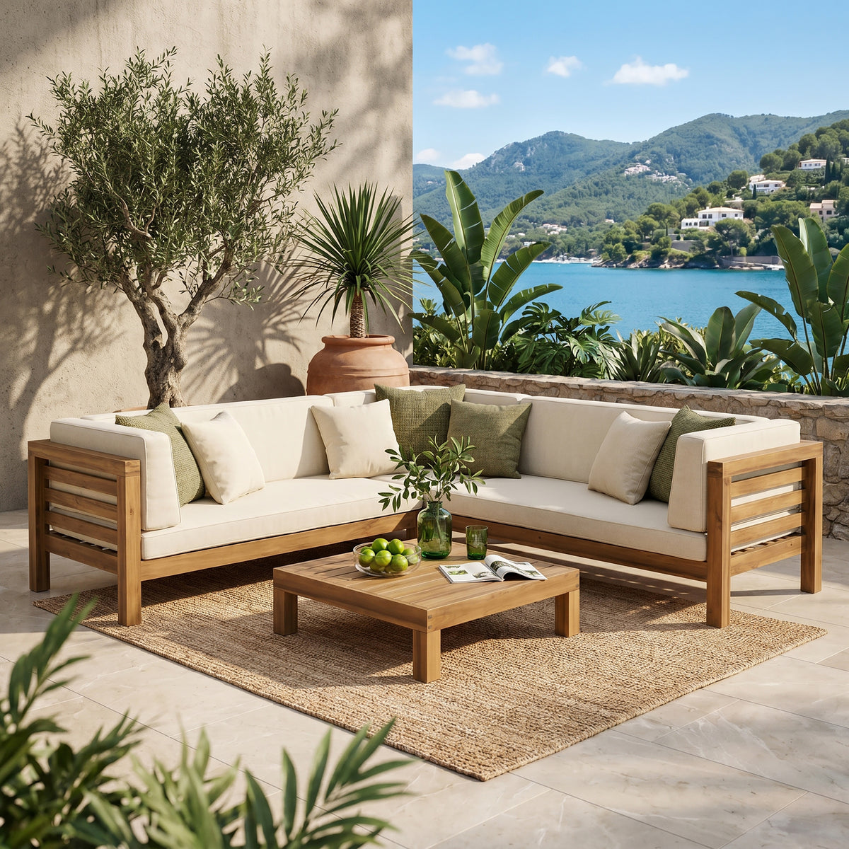 Beige Solid Wood Outdoor Sectional Set with Cushions