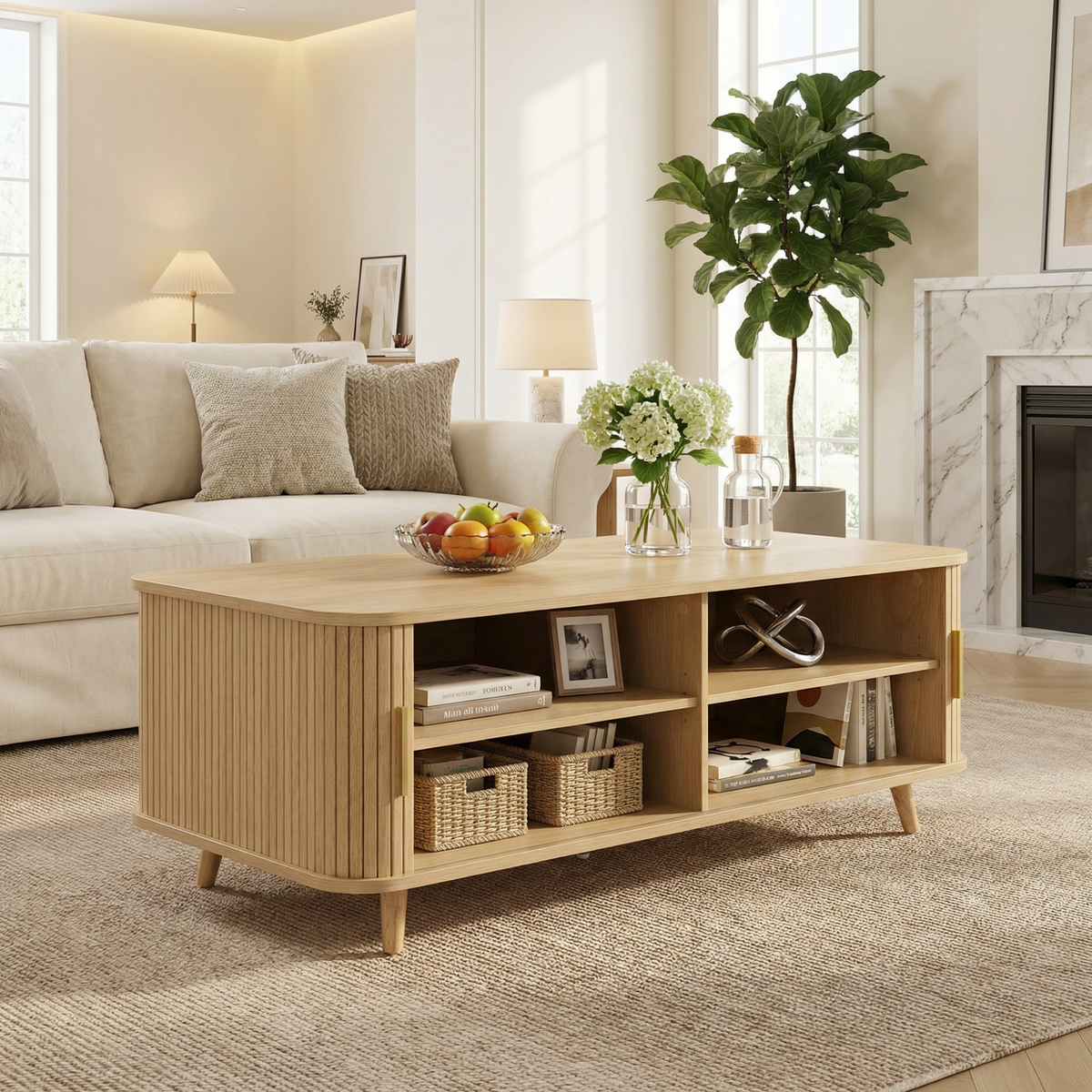 Natural Fluted Mid-Century Coffee Table with Storage, 47.2 in