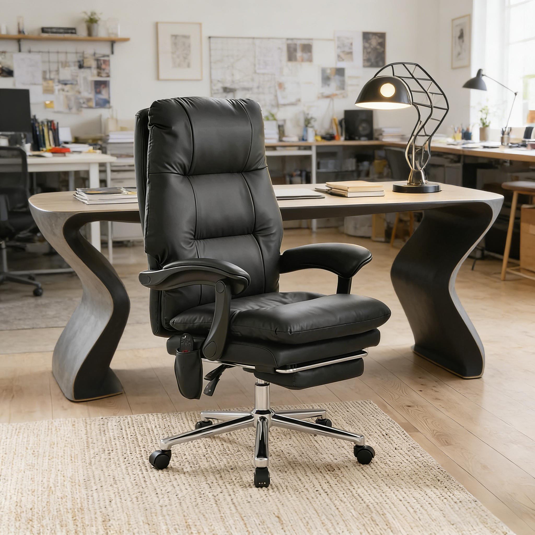 Black Vegan Leather Office Chair, Massage, Reclining, 264 lb, 48.4 in Tall