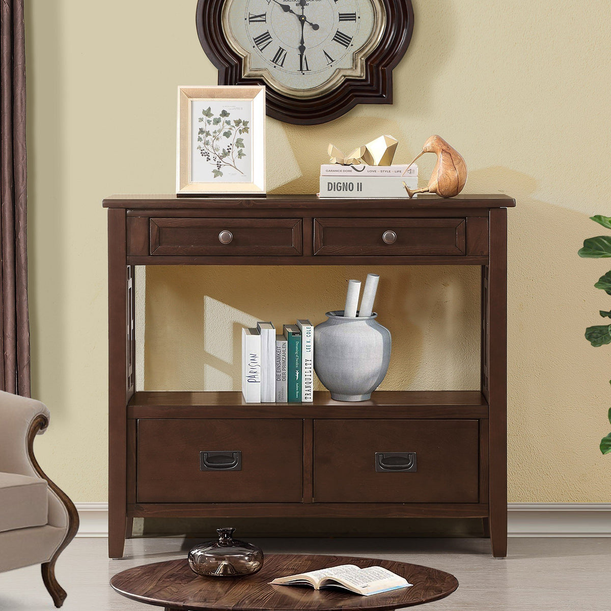 Espresso Entryway Console Table, 4 Drawers, 36 in Wide