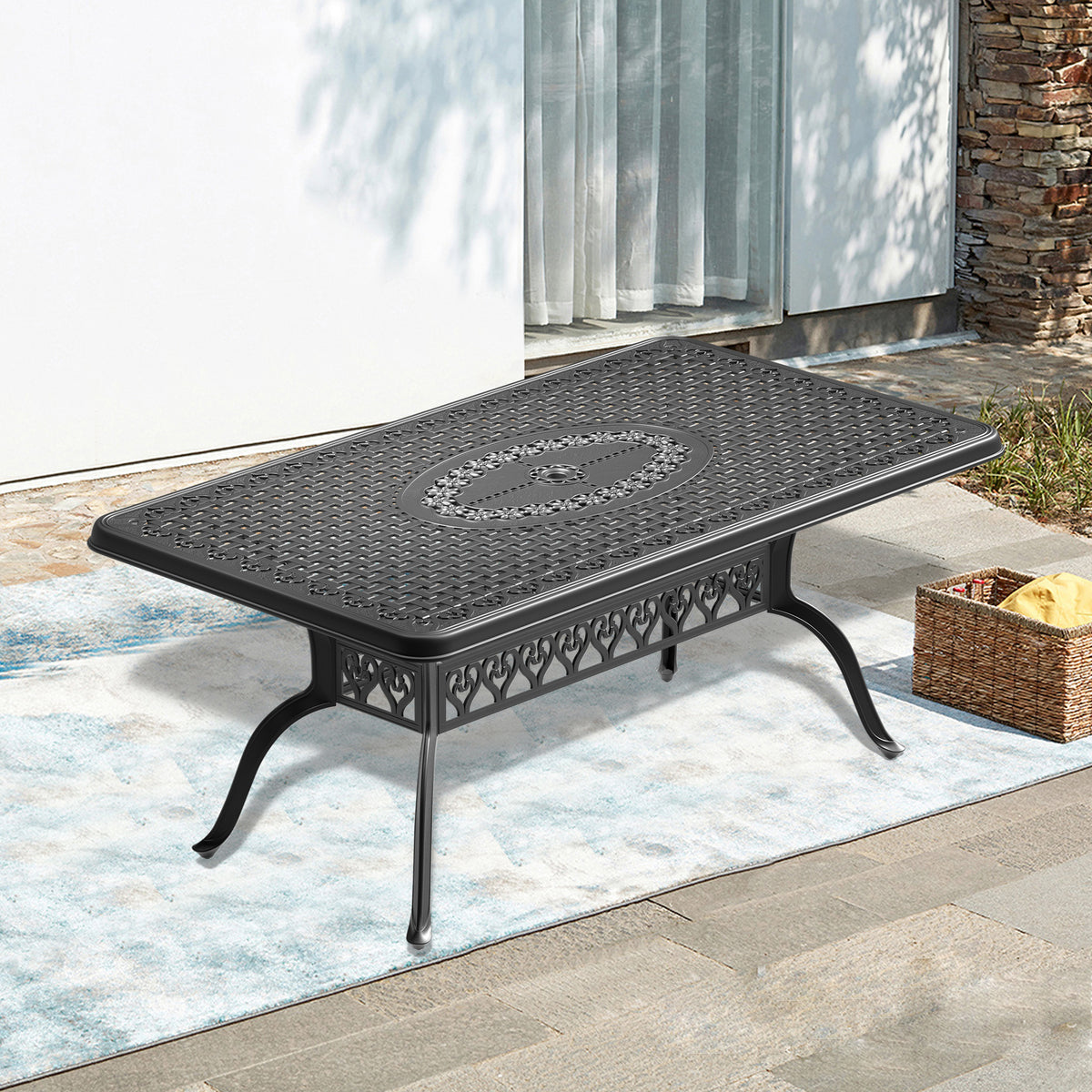 Black Aluminum Rectangular Outdoor Dining Table with Umbrella Hole, 66.9 in Wide