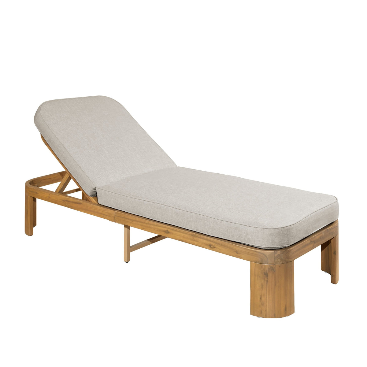 Teak Finish Solid Wood Adjustable Outdoor Chaise Lounge with Beige Cushions
