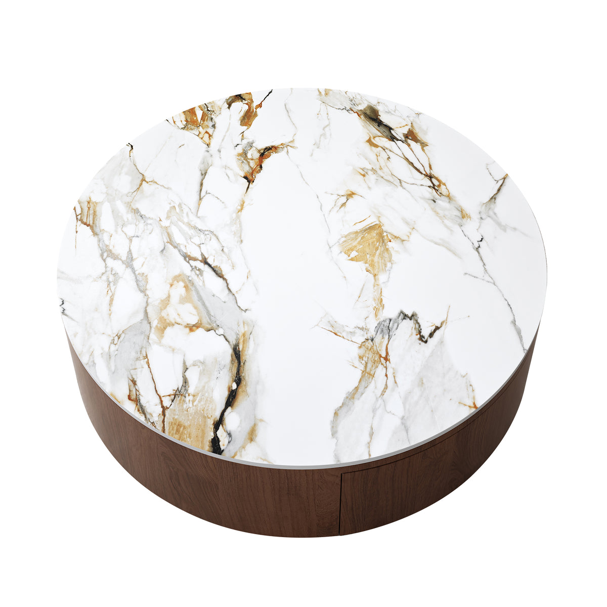 Walnut Sintered Stone Round Drum Coffee Table with Drawers, 35.4 in