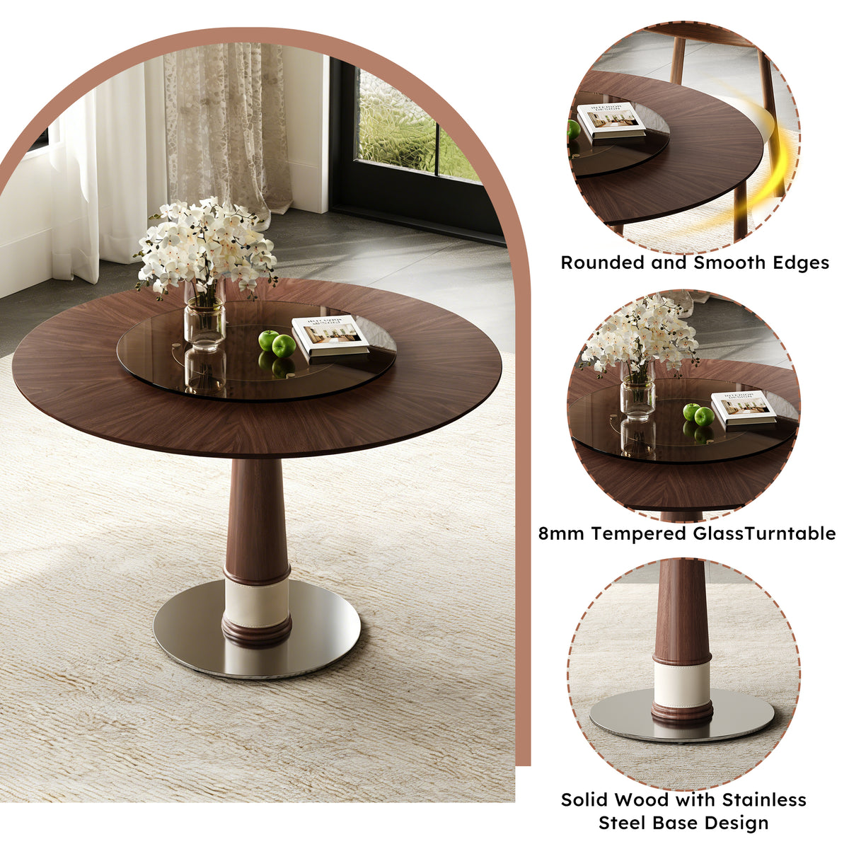Feature graphic collage of the rounded edges, glass turntable and solid wood stainless steel base