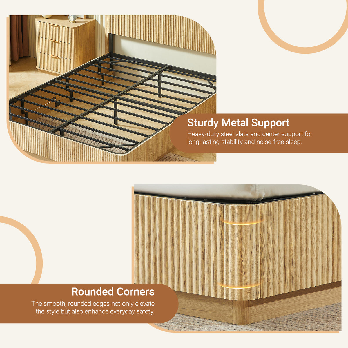 Closeups of the light oak bed's heavy-duty metal slat support and rounded fluted corners