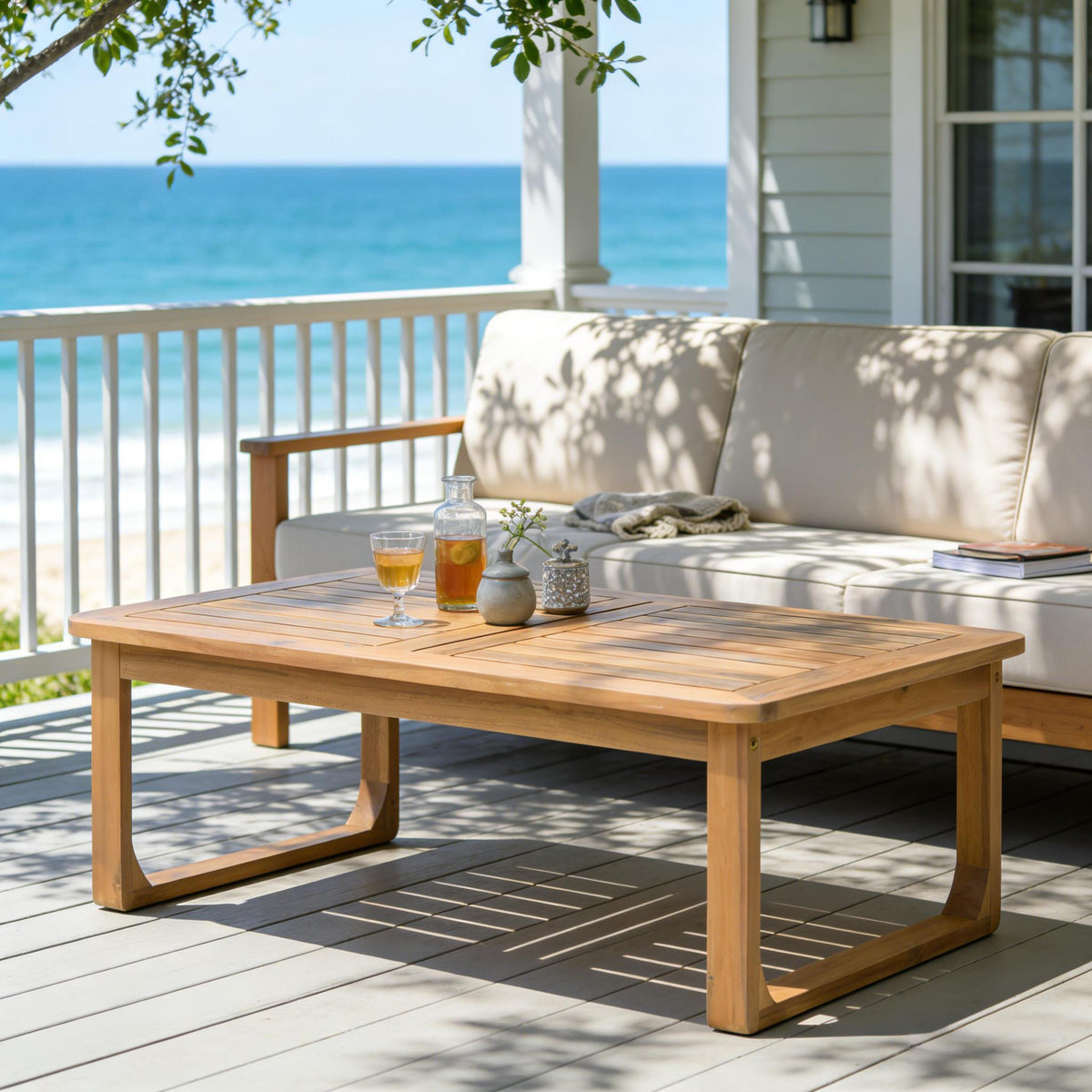 Teak Finish Solid Wood Rectangular Outdoor Coffee Table, 40 in Wide